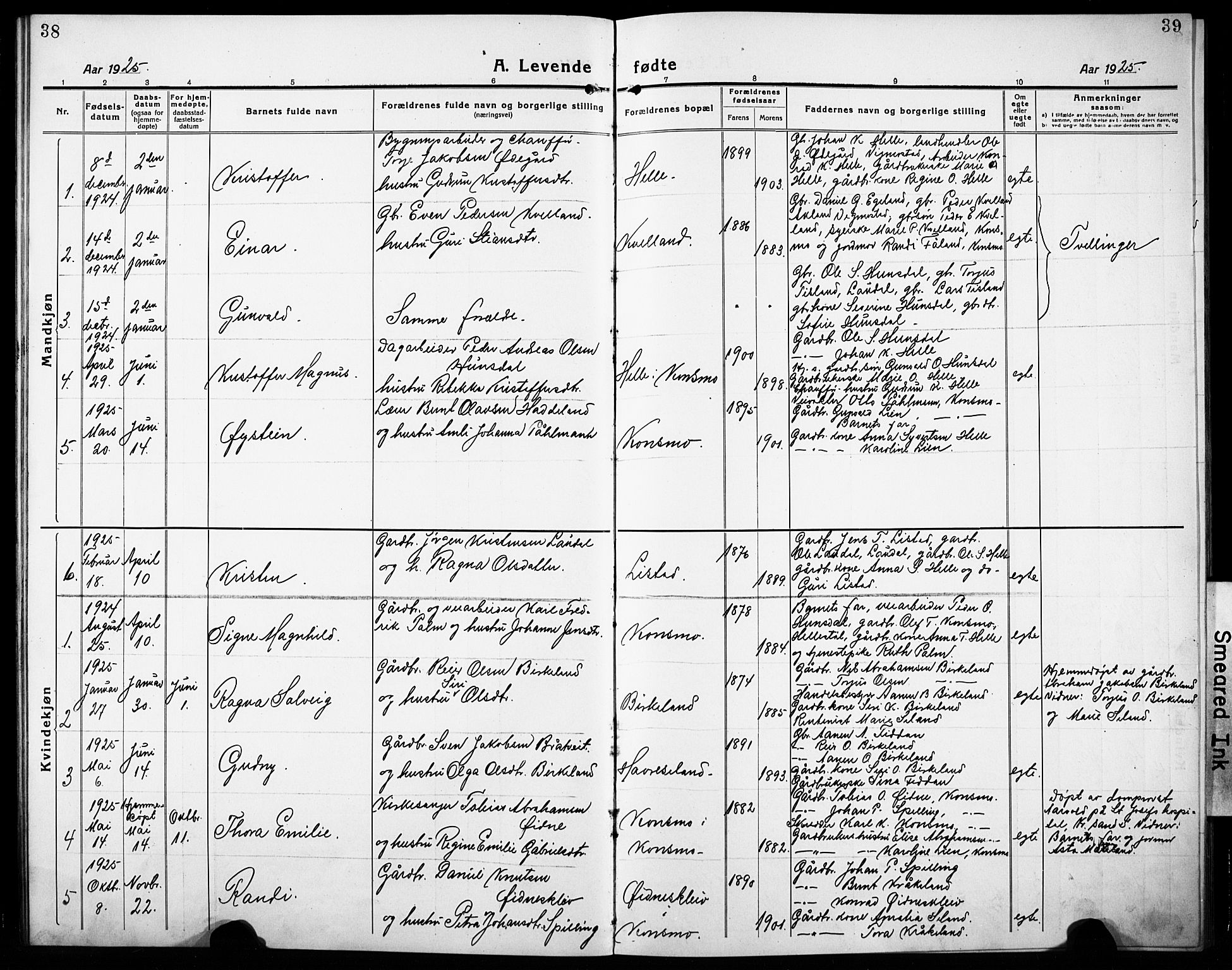 Nord-Audnedal sokneprestkontor, SAK/1111-0032/F/Fb/Fba/L0005: Klokkerbok nr. B 5, 1918-1932, s. 38-39