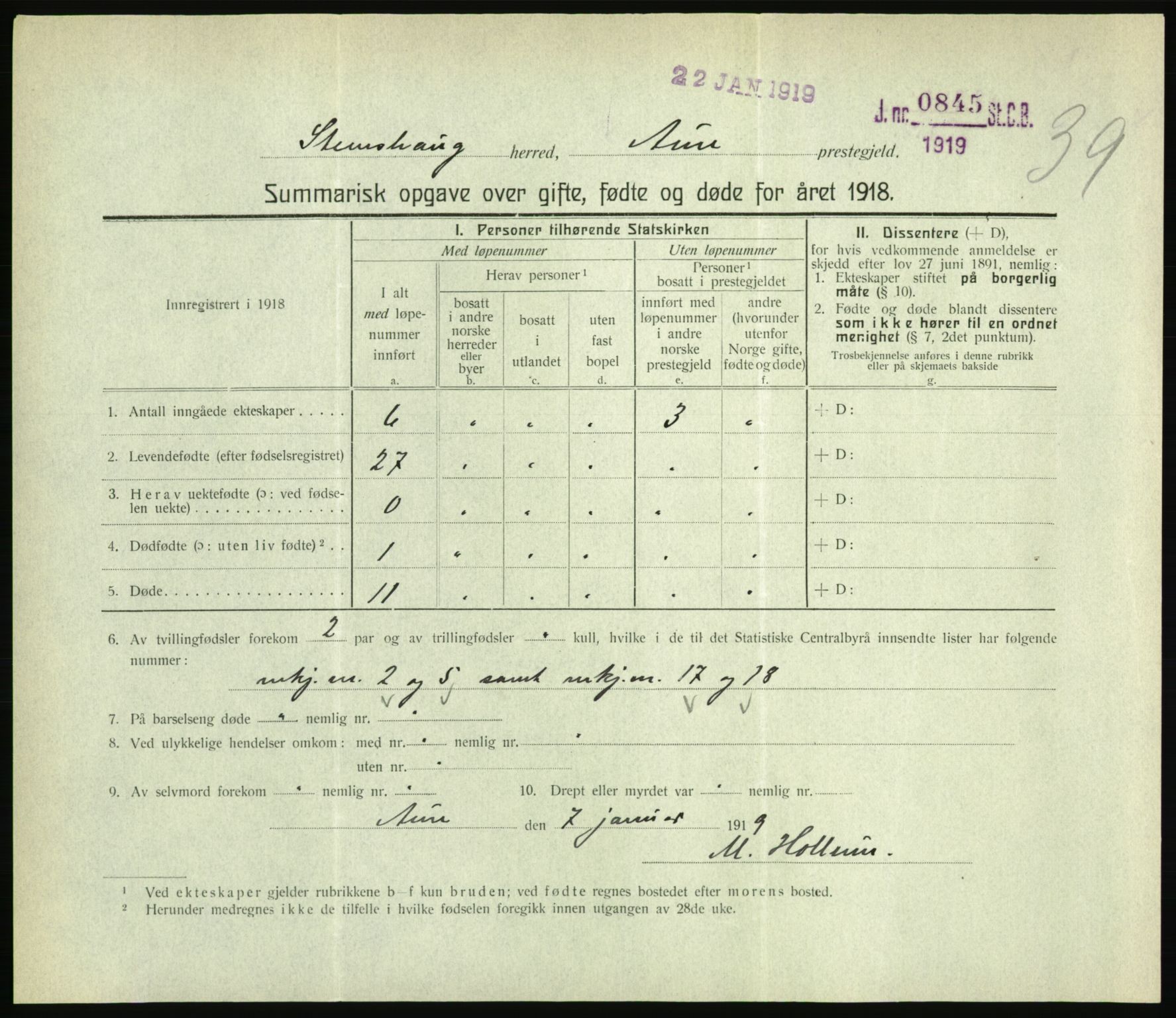 Statistisk sentralbyrå, Sosiodemografiske emner, Befolkning, RA/S-2228/D/Df/Dfb/Dfbh/L0059: Summariske oppgaver over gifte, fødte og døde for hele landet., 1918, s. 1227