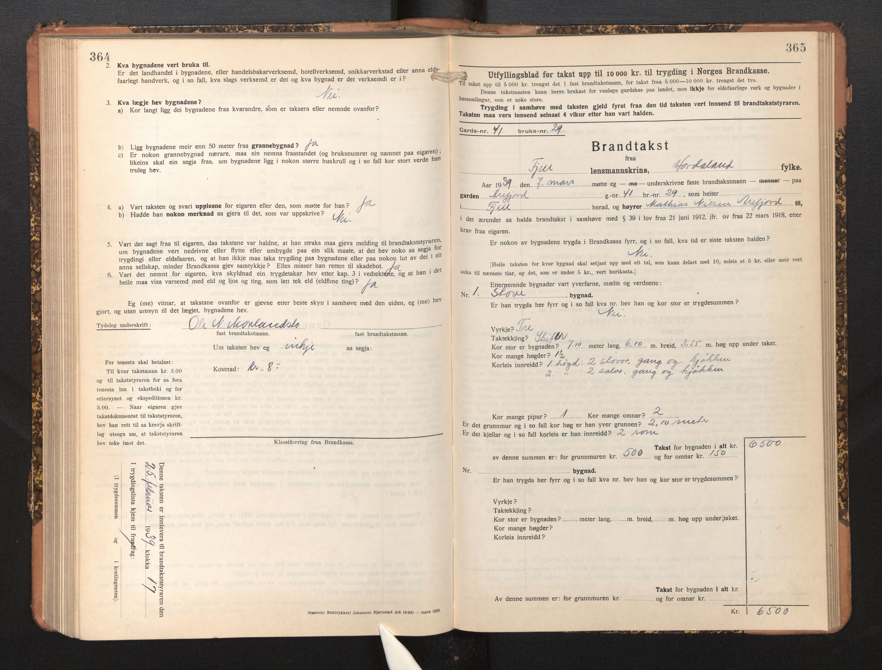 Lensmannen i Fjell, SAB/A-32301/0012/L0006: Branntakstprotokoll, skjematakst, 1931-1945, s. 364-365
