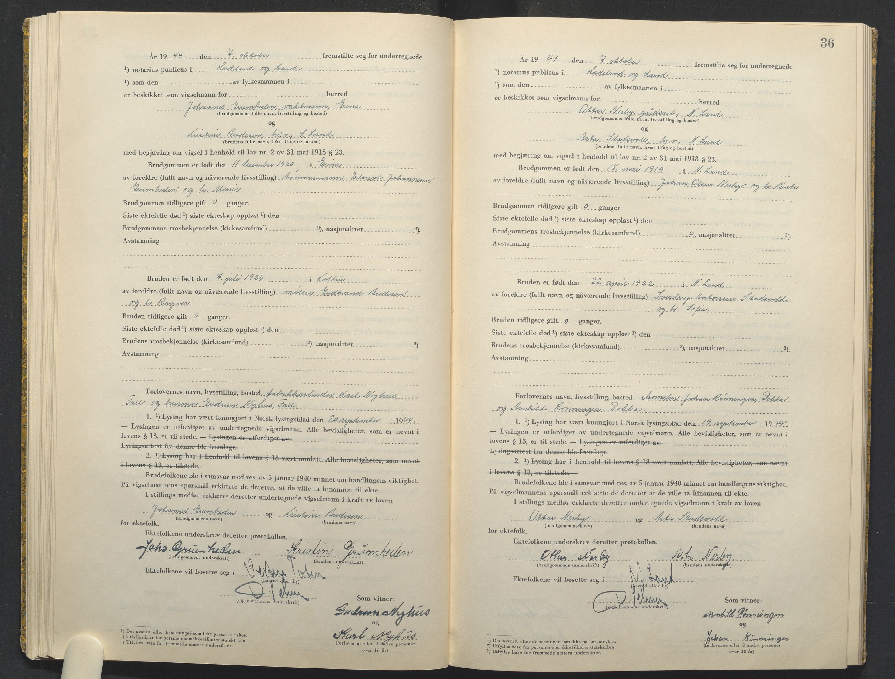 Hadeland og Land tingrett, AV/SAH-TING-010/L/Lb/L0003: Vigselbok, 1944-1946, s. 36