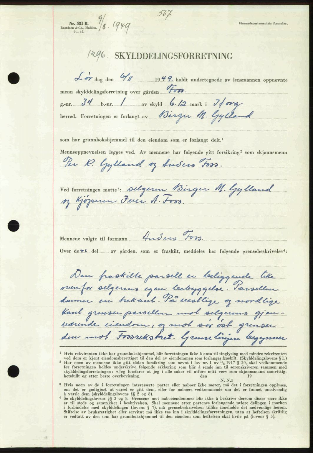 Gauldal sorenskriveri, SAT/A-0014/1/2/2C: Pantebok nr. A8, 1949-1949, Dagboknr: 1296/1949