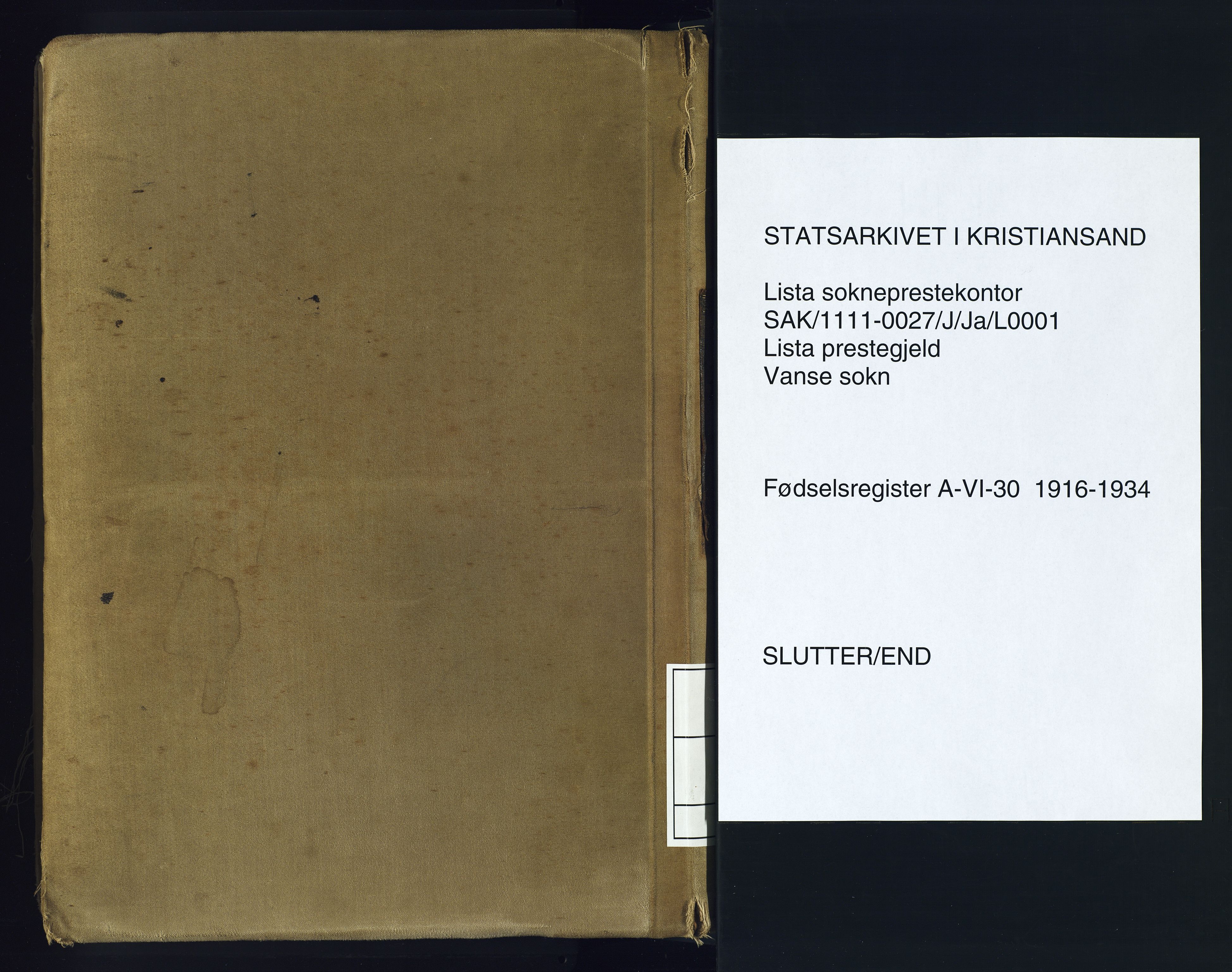 Lista sokneprestkontor, AV/SAK-1111-0027/J/Ja/L0001: Fødselsregister nr. A-VI-30, 1916-1934