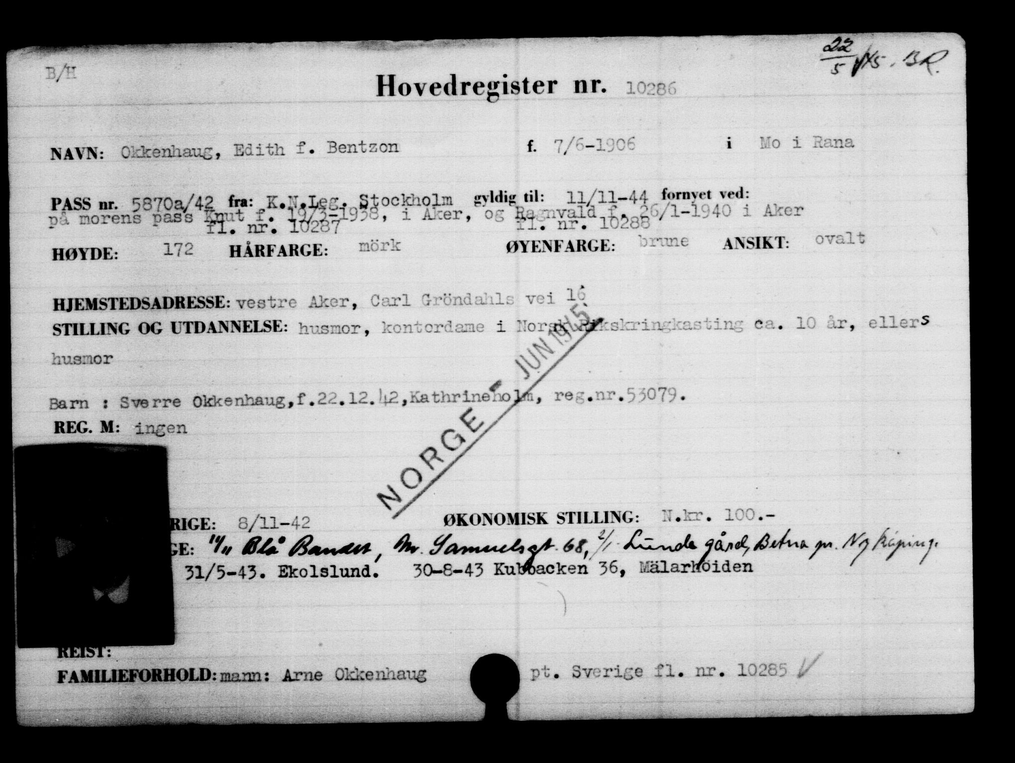 Utenriksstasjonene, Legasjonen i Stockholm, Flyktningkontoret, AV/RA-S-6753/V/Va/L0006: Kjesäterkartoteket, flyktninger med registreringsnr. 9400-12711, 1940-1945, s. 1017