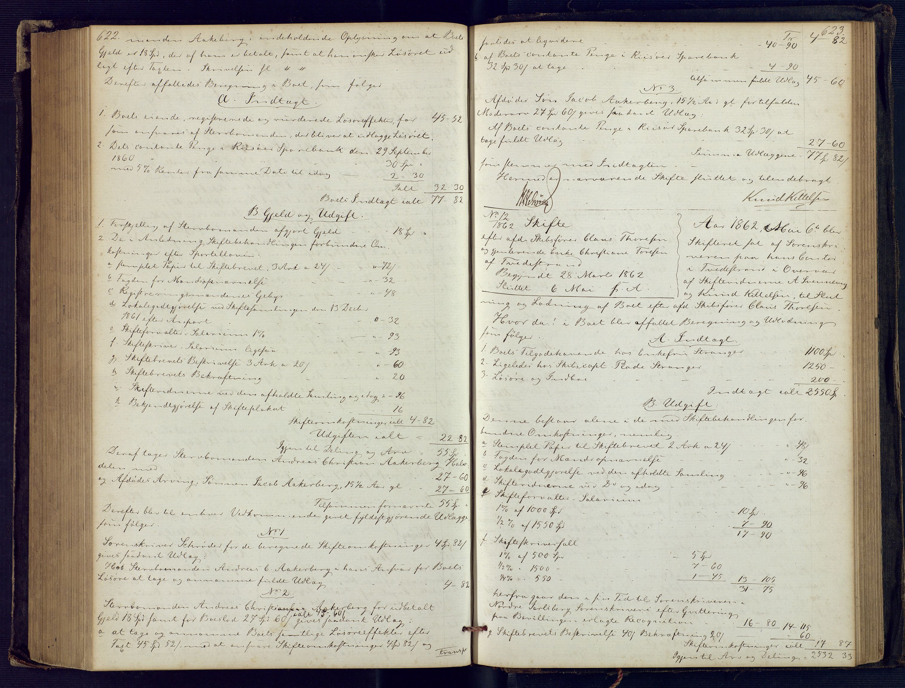 Holt sorenskriveri, SAK/1221-0002/H/Hc/L0029: Skifteutlodningsprotokoll nr. 4 med løst register, 1857-1862, s. 622-623