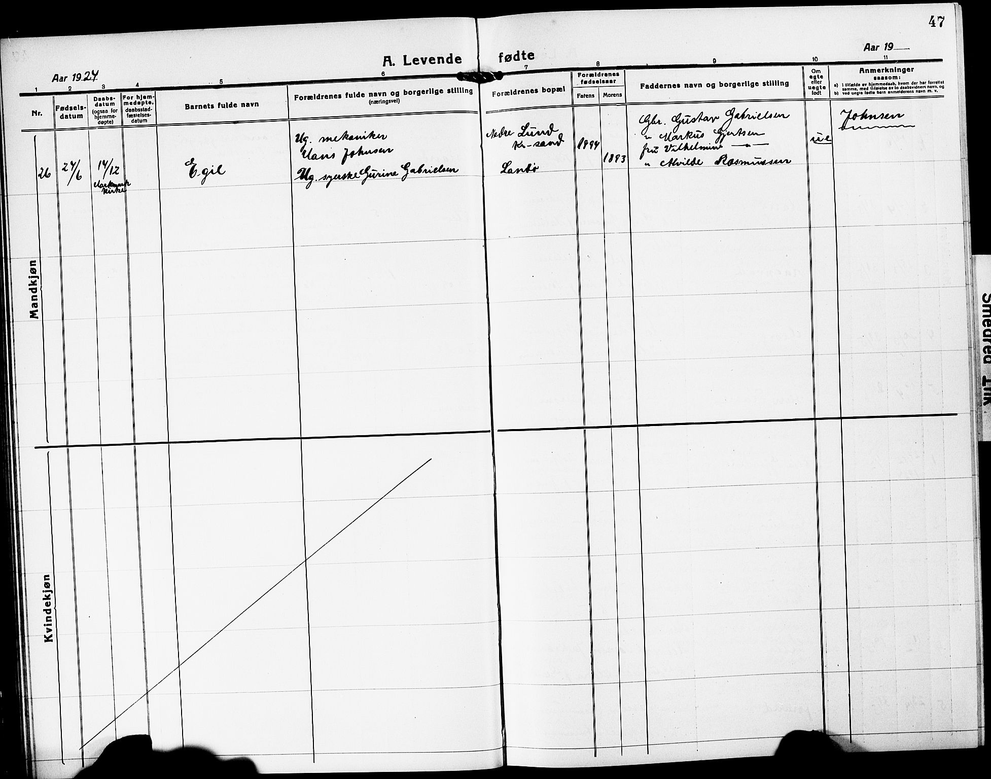 Mandal sokneprestkontor, SAK/1111-0030/F/Fb/Fba/L0013: Klokkerbok nr. B 7, 1918-1931, s. 47
