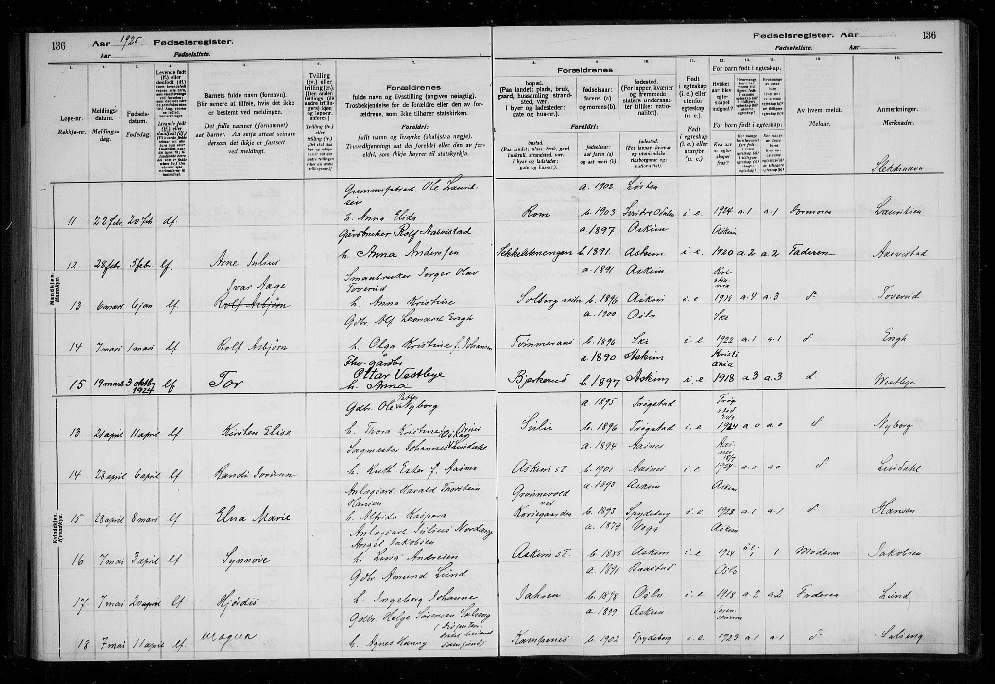 Askim prestekontor Kirkebøker, AV/SAO-A-10900/J/Ja/L0001: Fødselsregister nr. 1, 1916-1929, s. 136