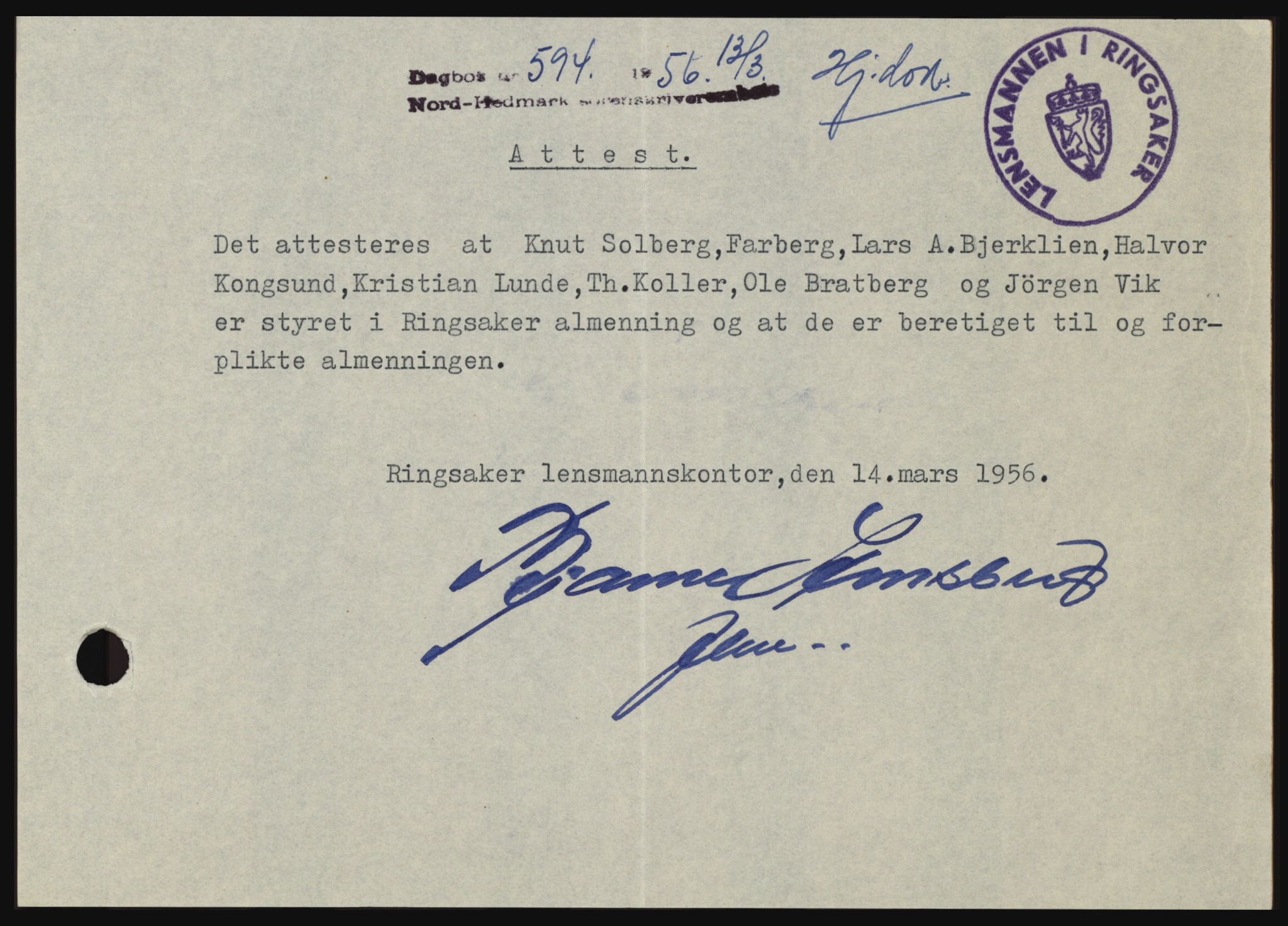 Nord-Hedmark sorenskriveri, SAH/TING-012/H/Hc/L0010: Pantebok nr. 10, 1955-1956, Dagboknr: 594/1956