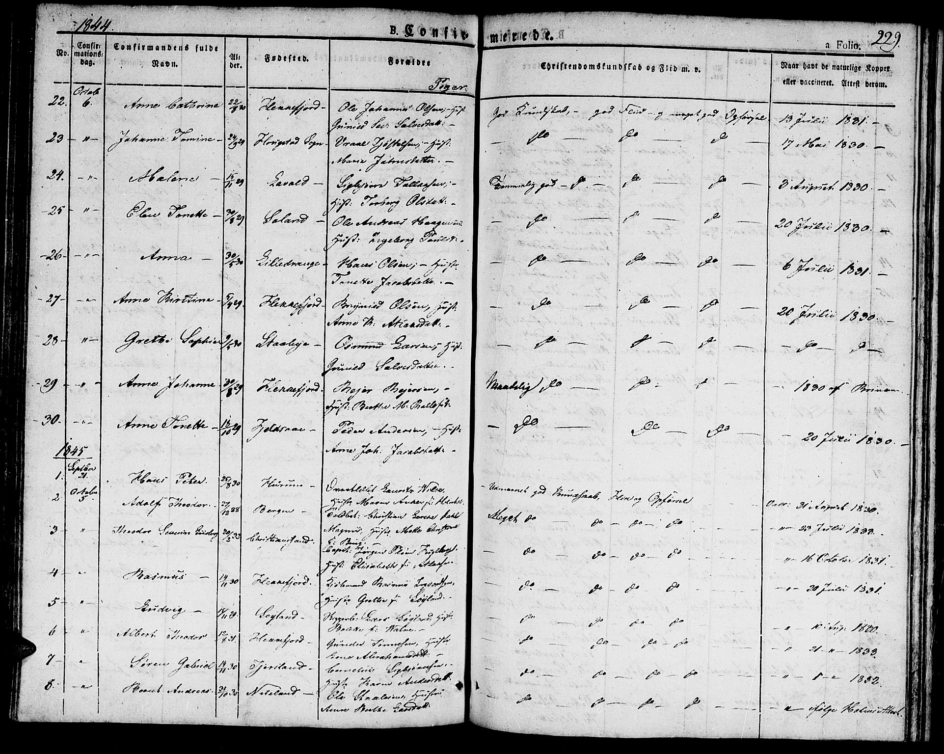 Flekkefjord sokneprestkontor, AV/SAK-1111-0012/F/Fb/Fbc/L0004: Klokkerbok nr. B 4, 1827-1846, s. 229