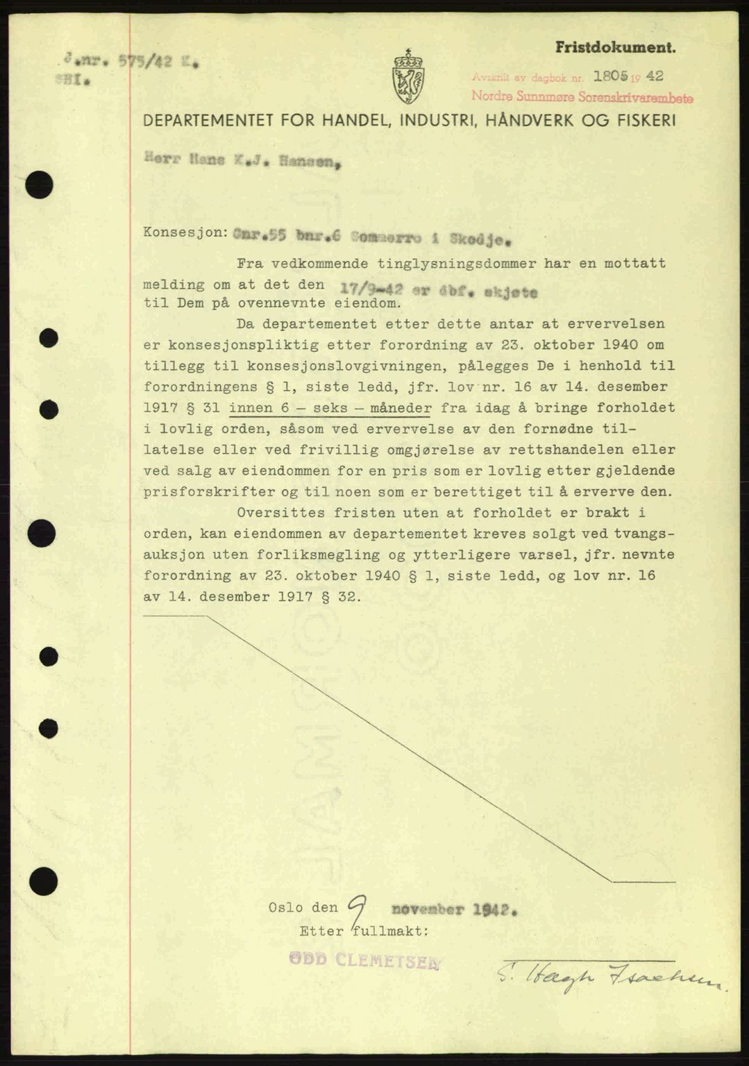 Nordre Sunnmøre sorenskriveri, AV/SAT-A-0006/1/2/2C/2Ca: Pantebok nr. B6-14 a, 1942-1945, Dagboknr: 1805/1942