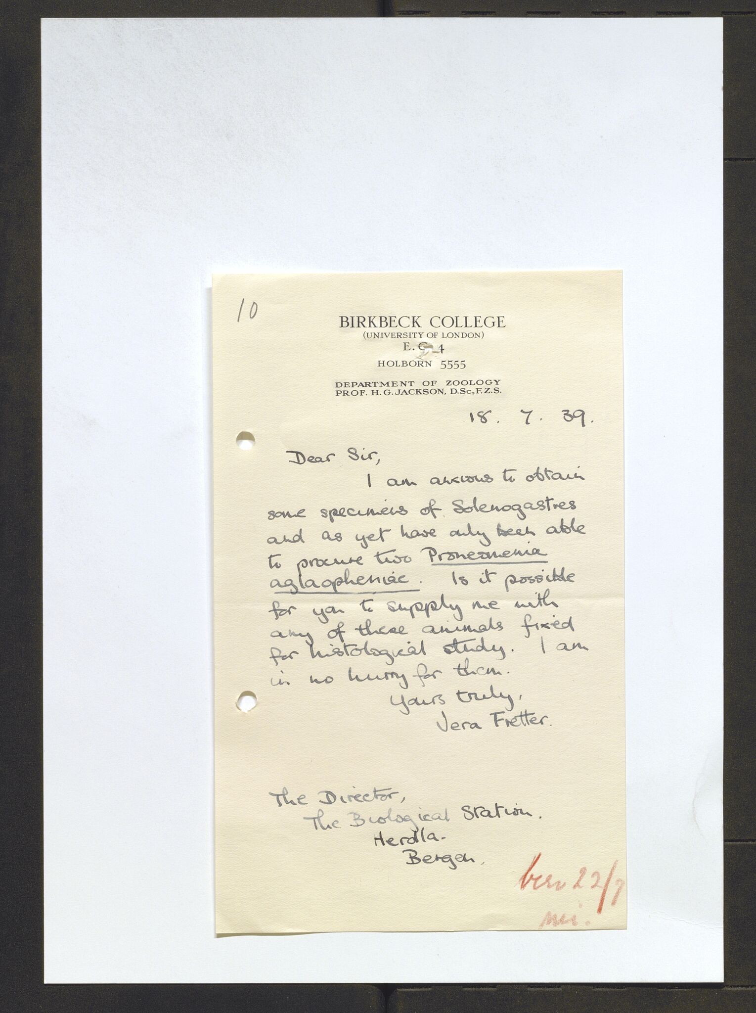 Bergens Museum, AV/SAB-A-17301/13/D/L0002: Korrespondanse , 1928-1940, s. 449