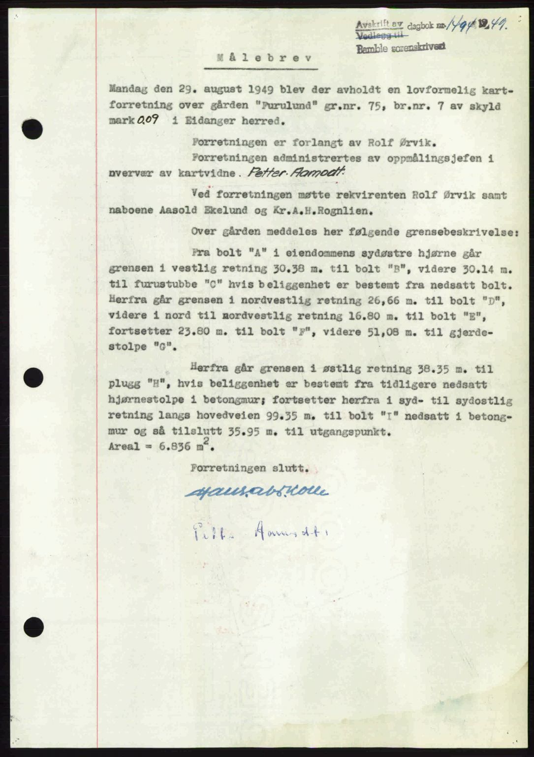Bamble sorenskriveri, SAKO/A-214/G/Ga/Gag/L0015: Pantebok nr. A-15, 1949-1949, Dagboknr: 1494/1949