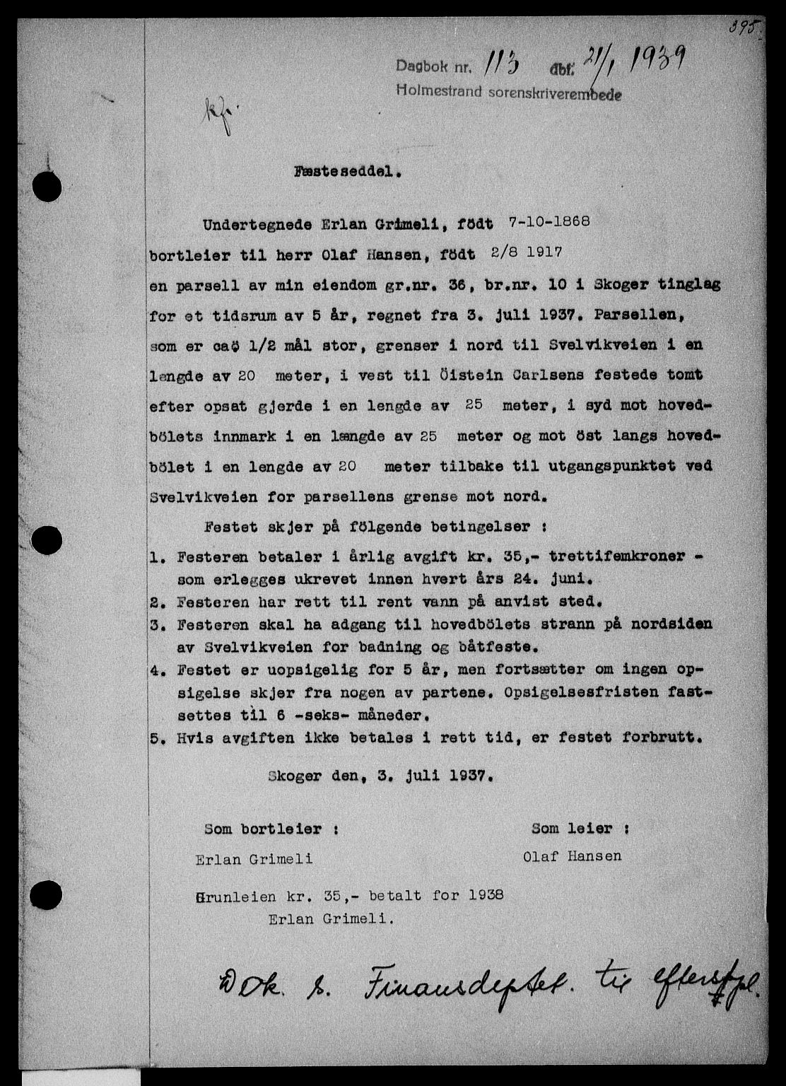 Holmestrand sorenskriveri, SAKO/A-67/G/Ga/Gaa/L0050: Pantebok nr. A-50, 1938-1939, Dagboknr: 113/1939