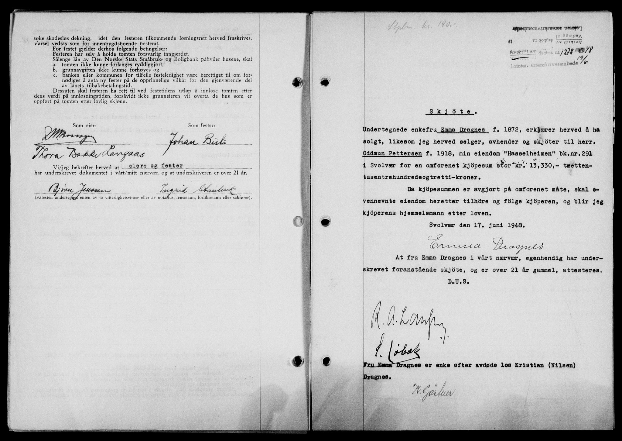 Lofoten sorenskriveri, SAT/A-0017/1/2/2C/L0018a: Pantebok nr. 18a, 1948-1948, Dagboknr: 1278/1948