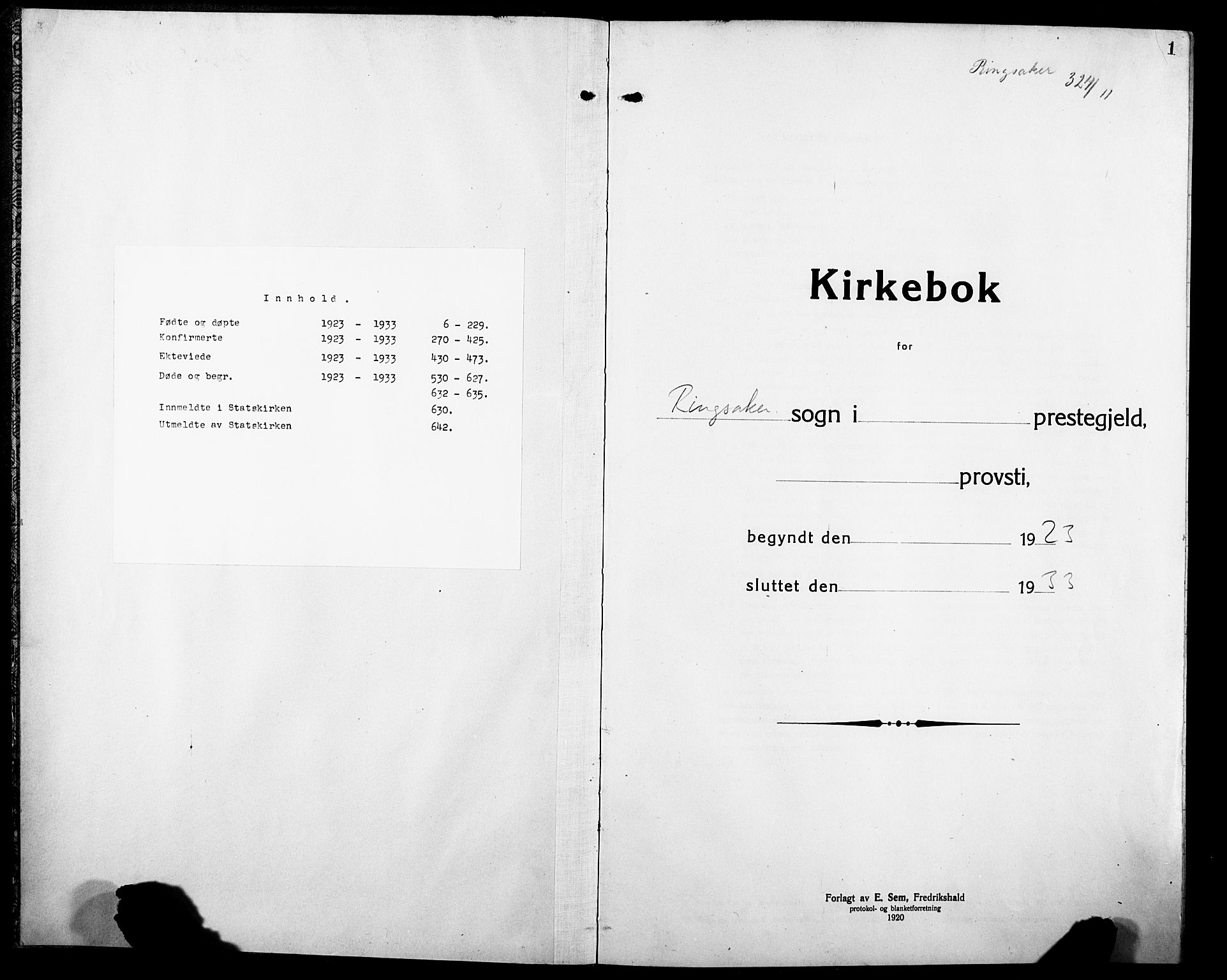 Ringsaker prestekontor, SAH/PREST-014/L/La/L0019: Klokkerbok nr. 19, 1923-1933, s. 1