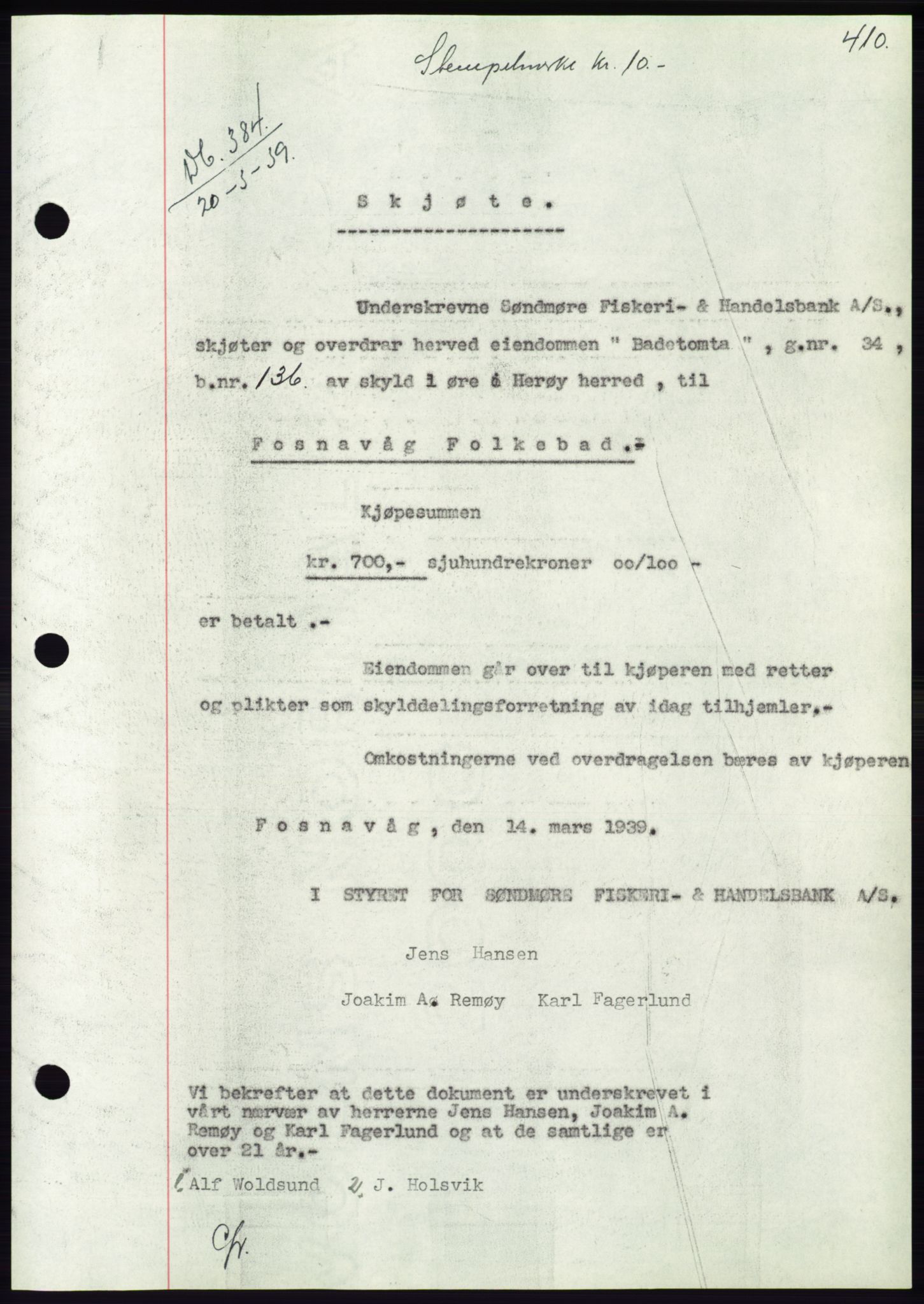 Søre Sunnmøre sorenskriveri, AV/SAT-A-4122/1/2/2C/L0067: Pantebok nr. 61, 1938-1939, Dagboknr: 384/1939