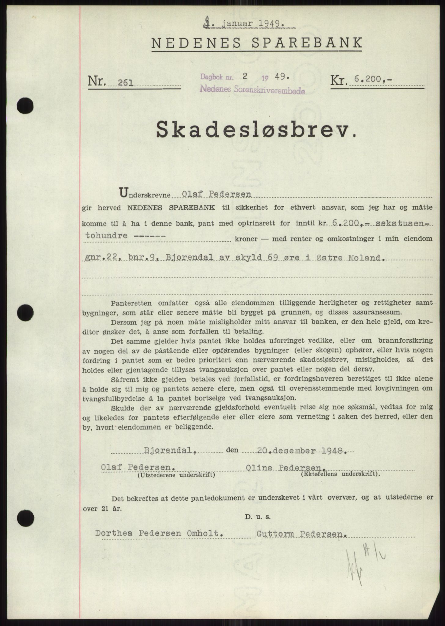 Nedenes sorenskriveri, SAK/1221-0006/G/Gb/Gbb/L0006: Pantebok nr. B6, 1948-1949, Dagboknr: 2/1949