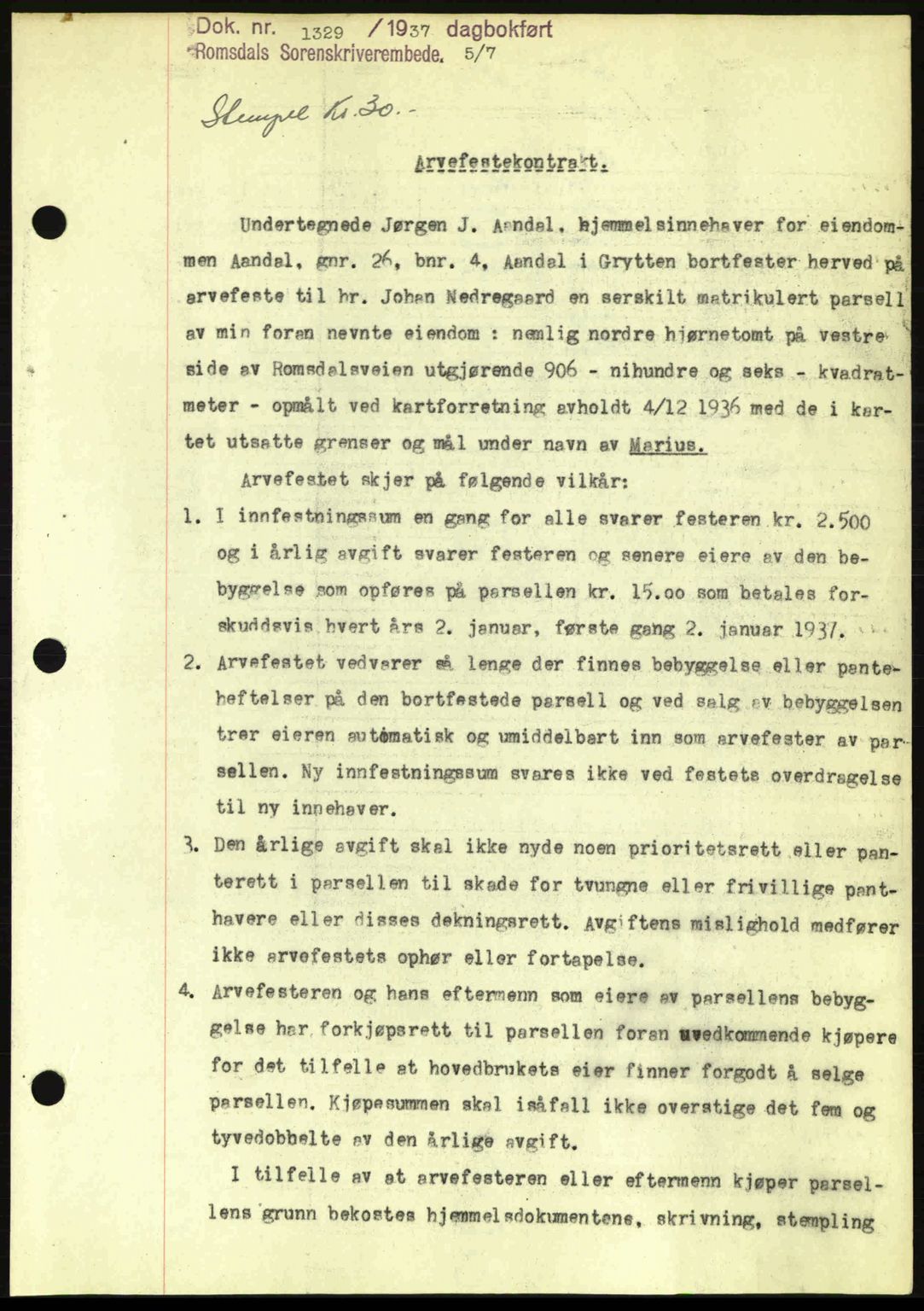 Romsdal sorenskriveri, SAT/A-4149/1/2/2C: Pantebok nr. A3, 1937-1937, Dagboknr: 1329/1937