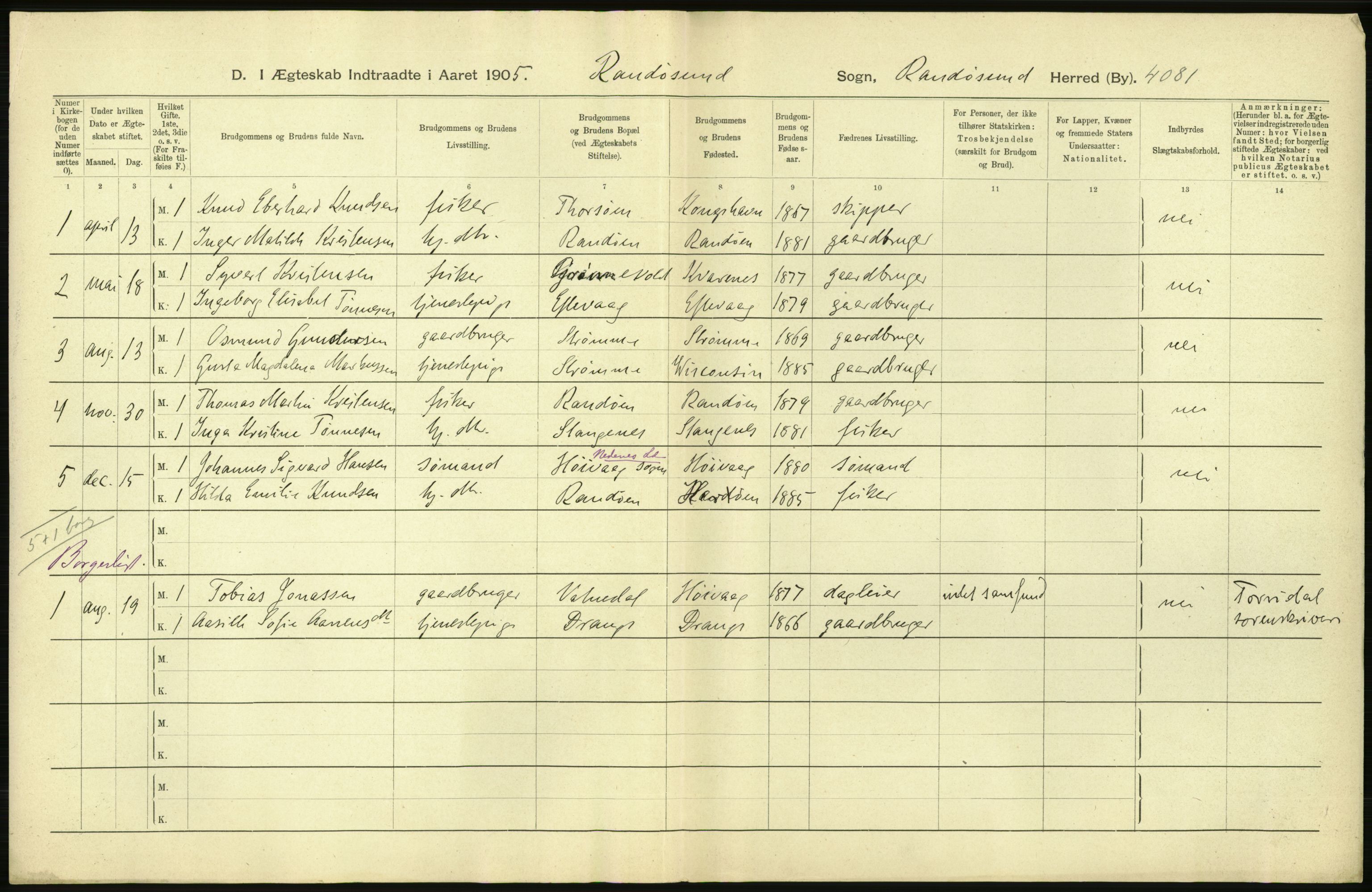 Statistisk sentralbyrå, Sosiodemografiske emner, Befolkning, AV/RA-S-2228/D/Df/Dfa/Dfac/L0020: Lister og Mandals amt: Fødte. Bygder, 1905, s. 6