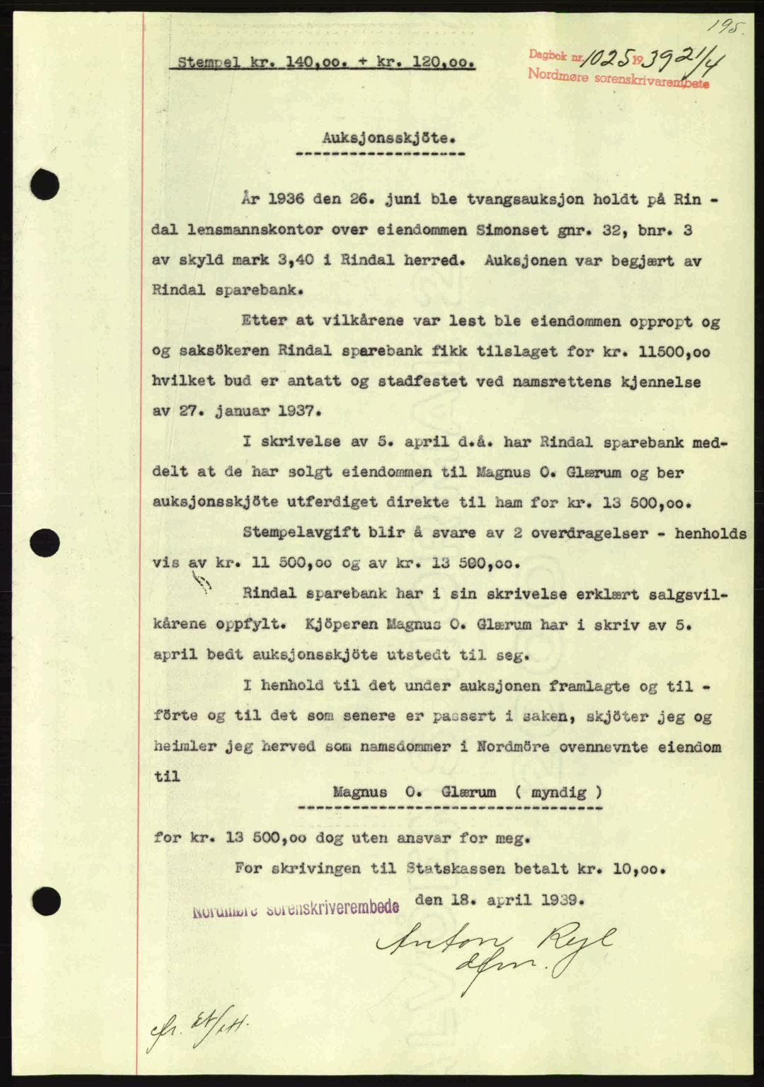 Nordmøre sorenskriveri, SAT/A-4132/1/2/2Ca: Pantebok nr. A86, 1939-1939, Dagboknr: 1025/1939