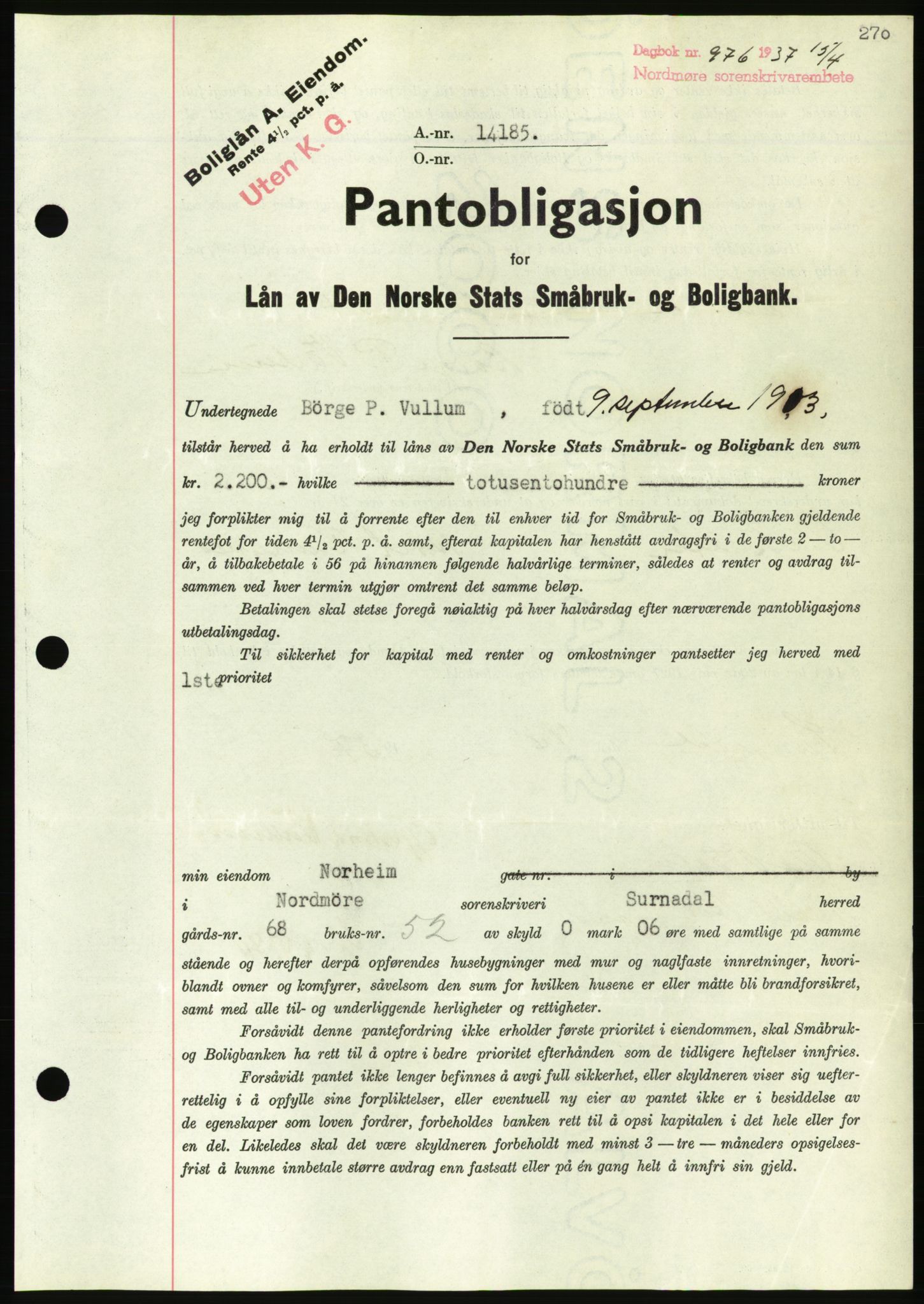 Nordmøre sorenskriveri, AV/SAT-A-4132/1/2/2Ca/L0091: Pantebok nr. B81, 1937-1937, Dagboknr: 976/1937