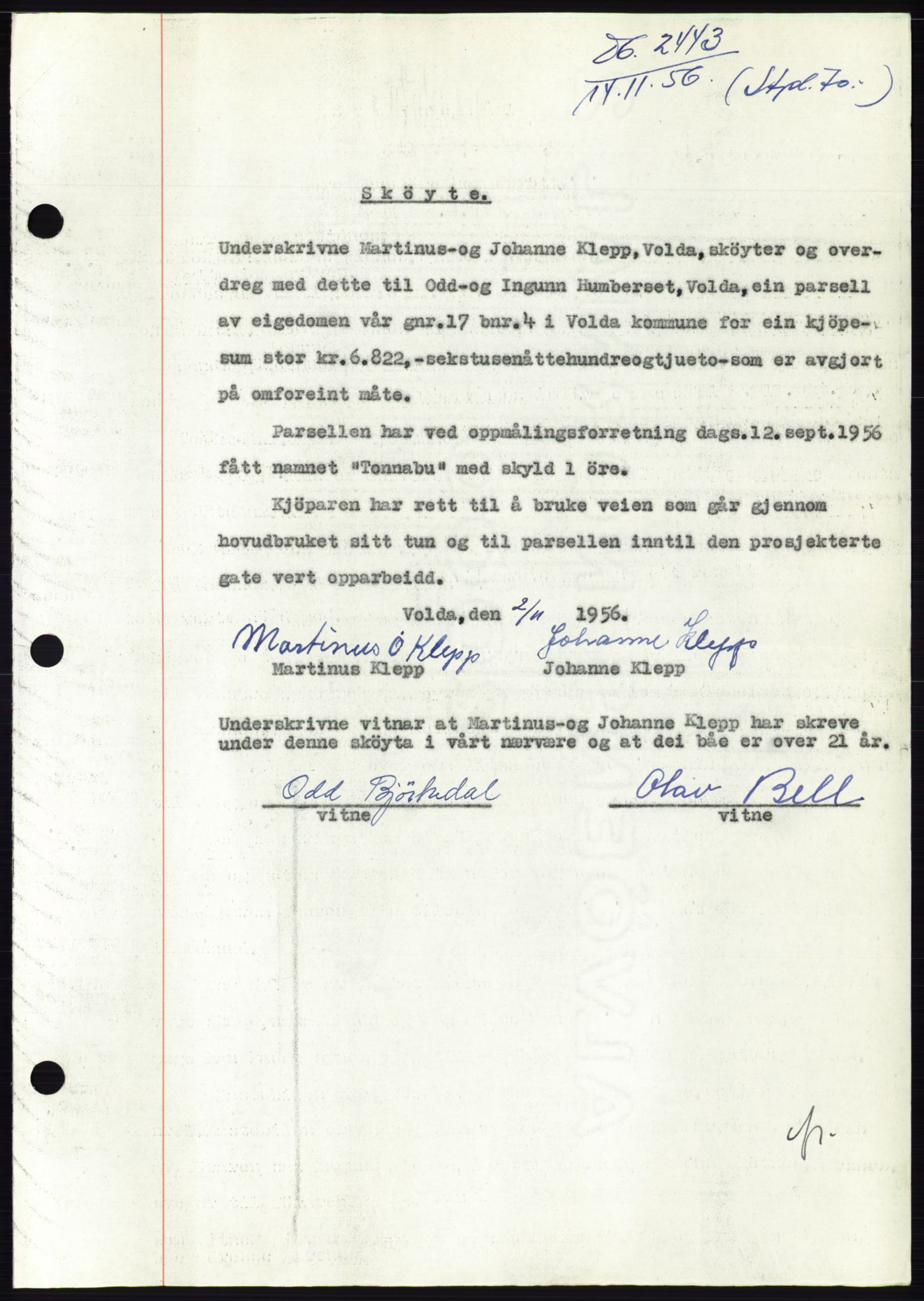 Søre Sunnmøre sorenskriveri, AV/SAT-A-4122/1/2/2C/L0105: Pantebok nr. 31A, 1956-1957, Dagboknr: 2443/1956