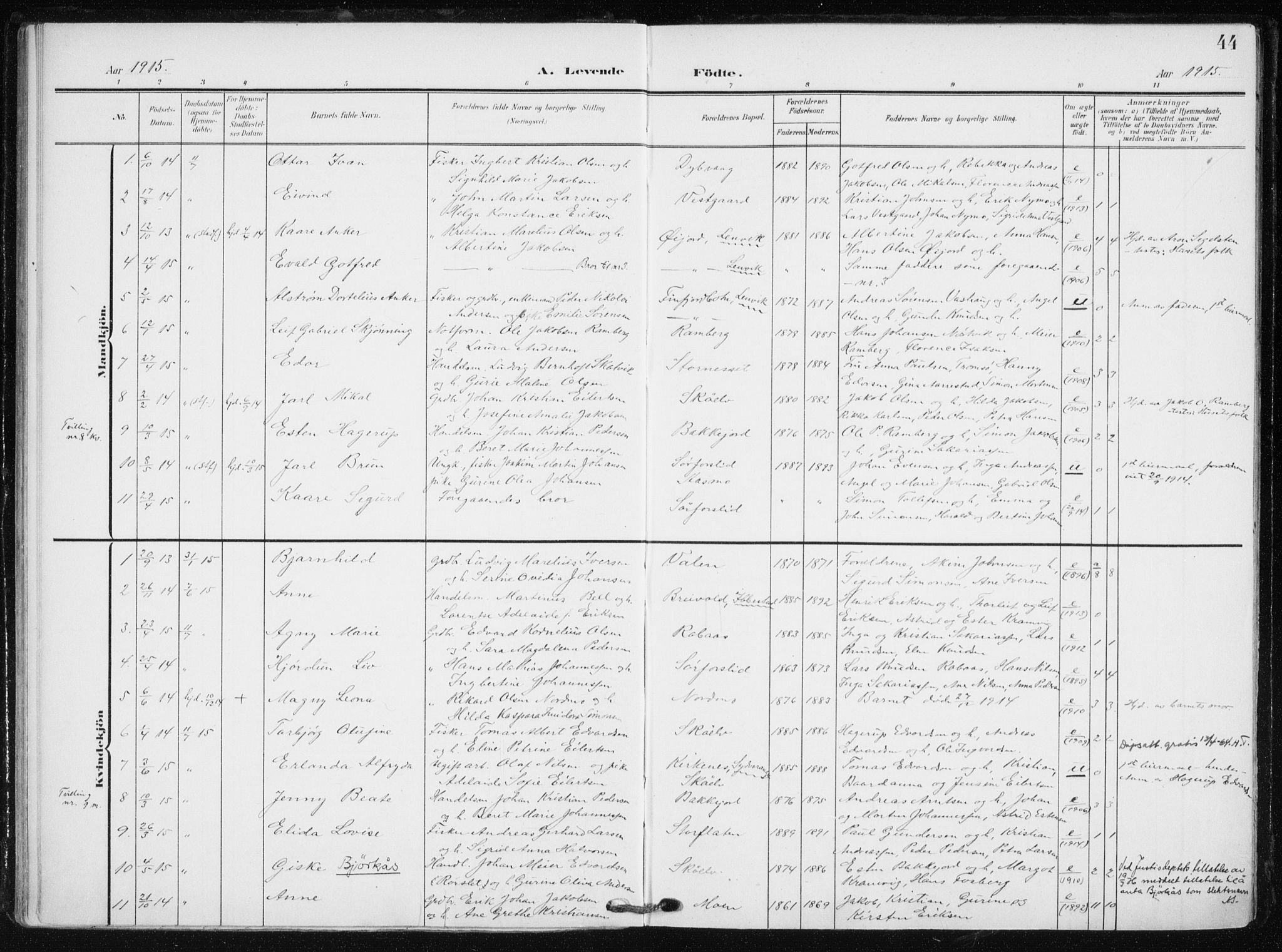 Tranøy sokneprestkontor, AV/SATØ-S-1313/I/Ia/Iaa/L0012kirke: Ministerialbok nr. 12, 1905-1918, s. 44