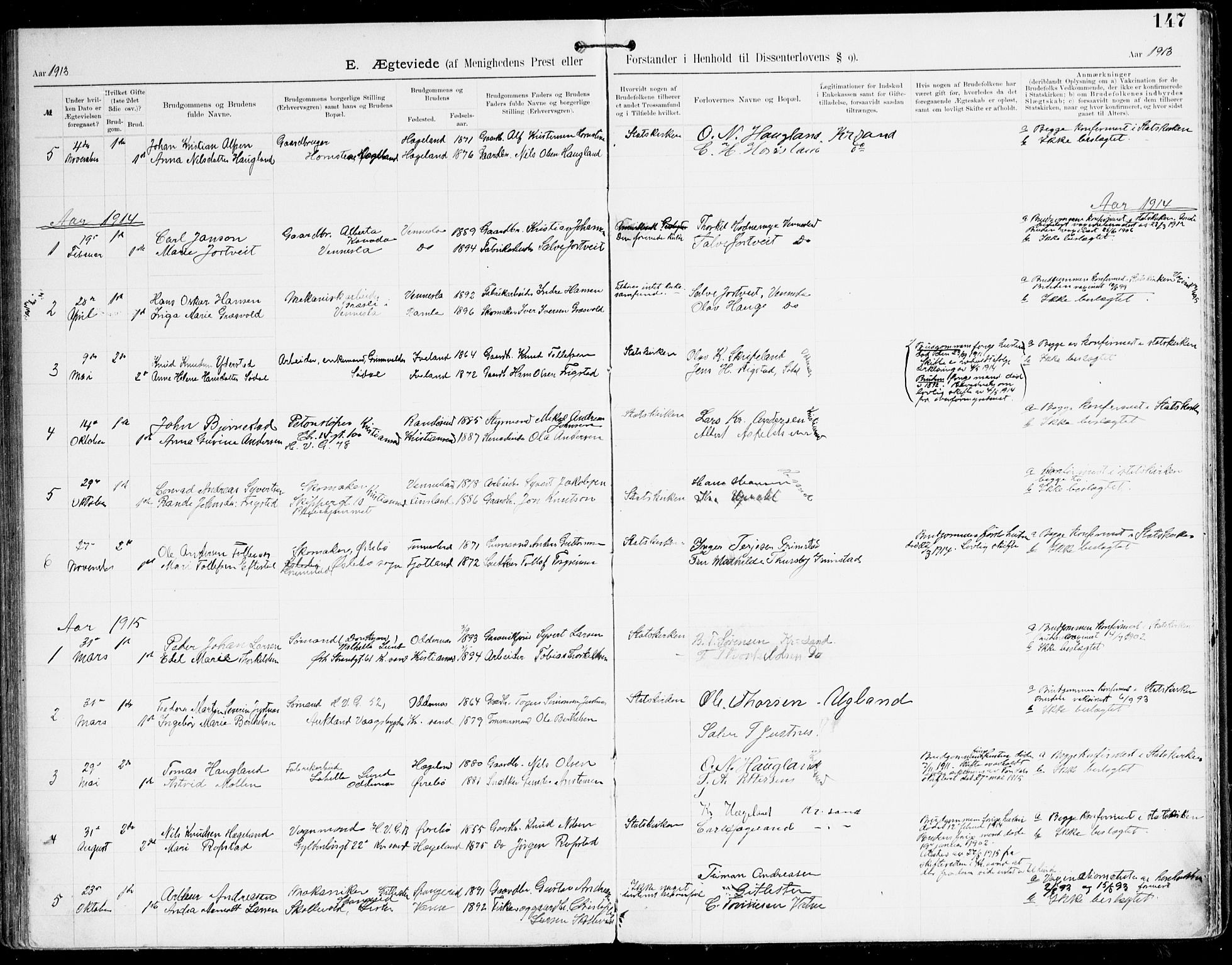 Den evangelisk-lutherske frikirke, Kristiansand, AV/SAK-1292-0017/F/Fa/L0003: Dissenterprotokoll nr. F 11, 1892-1925, s. 147