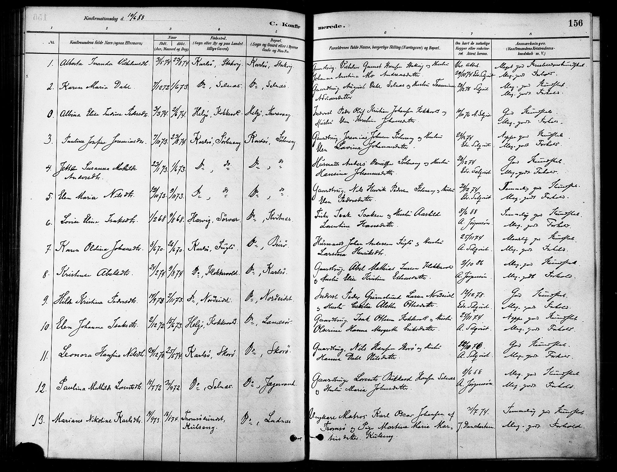 Karlsøy sokneprestembete, AV/SATØ-S-1299/H/Ha/Haa/L0006kirke: Ministerialbok nr. 6, 1879-1890, s. 156