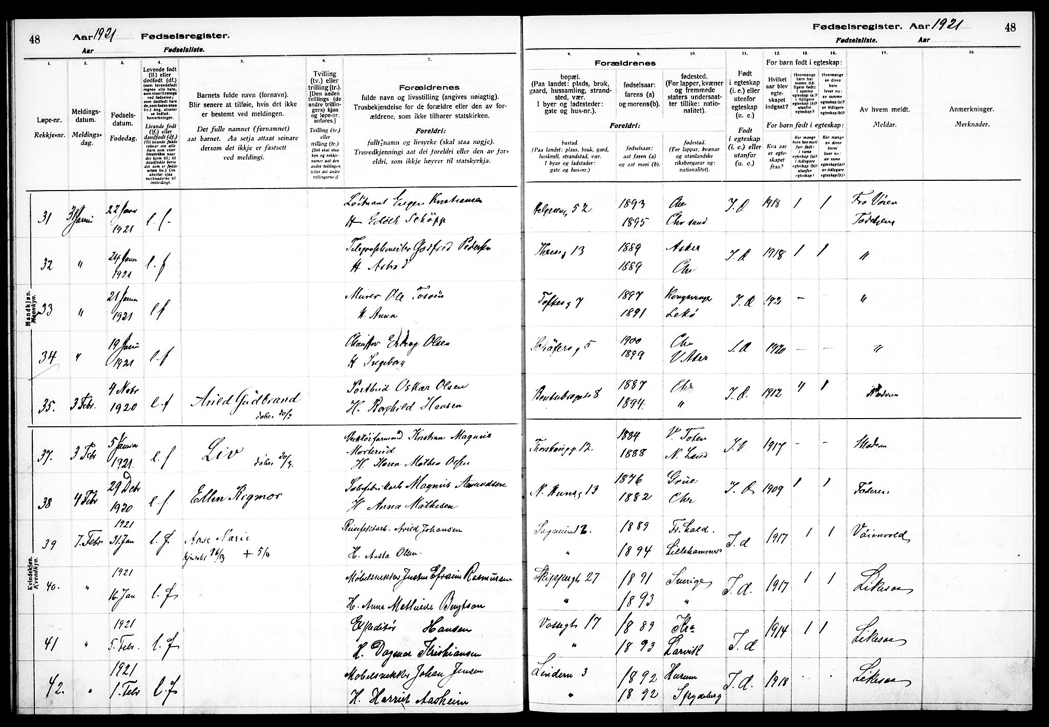 Sagene prestekontor Kirkebøker, AV/SAO-A-10796/J/L0002: Fødselsregister nr. 2, 1920-1922, s. 48