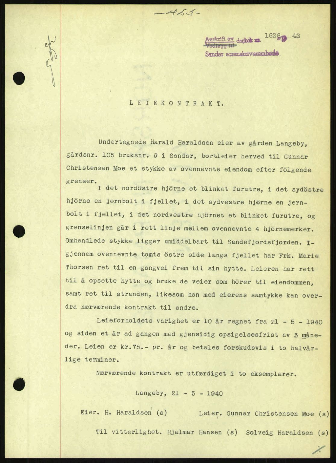 Sandar sorenskriveri, SAKO/A-86/G/Ga/Gab/L0001: Pantebok nr. B-1 og B-3 - B-9, 1936-1944, Dagboknr: 1626/1943