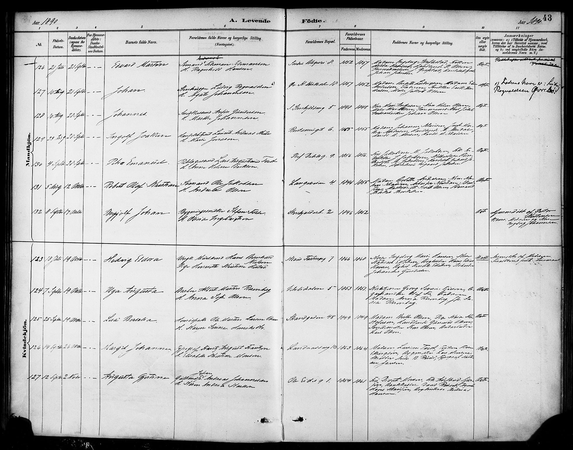 Korskirken sokneprestembete, AV/SAB-A-76101/H/Haa/L0022: Ministerialbok nr. B 8, 1889-1899, s. 43