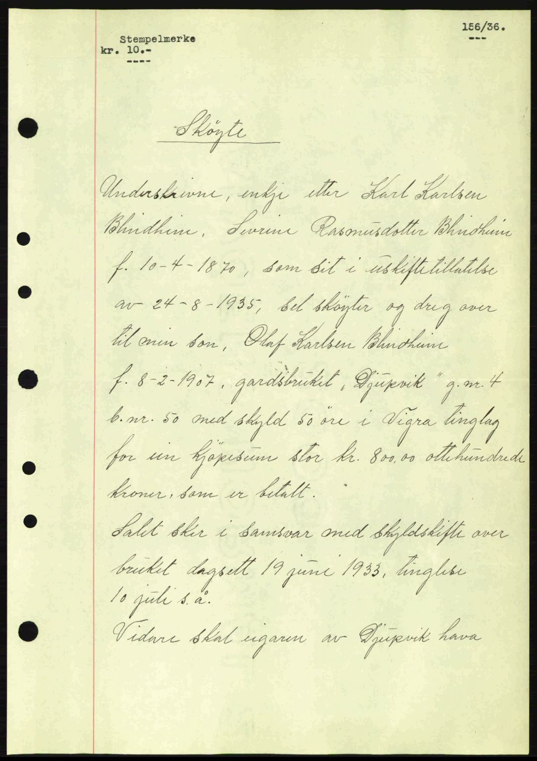 Nordre Sunnmøre sorenskriveri, AV/SAT-A-0006/1/2/2C/2Ca: Pantebok nr. A1, 1936-1936, Dagboknr: 156/1936