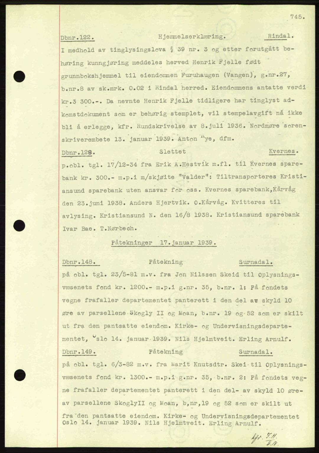 Nordmøre sorenskriveri, SAT/A-4132/1/2/2Ca: Pantebok nr. C80, 1936-1939, Dagboknr: 122/1939