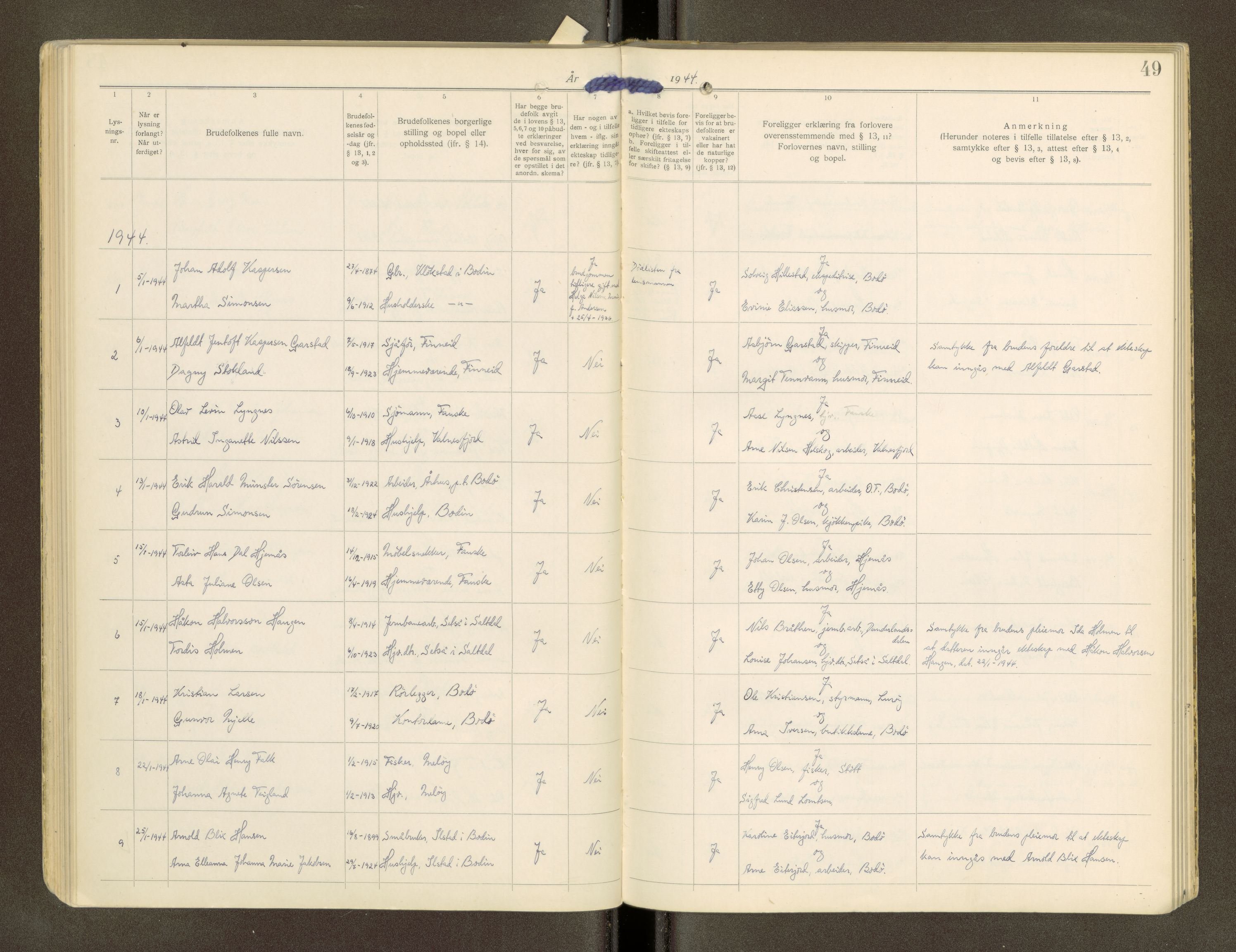 Salten sorenskriveri, AV/SAT-A-4578/1/6/6D/L0011: Lysingsbok, 1921-1958, s. 49