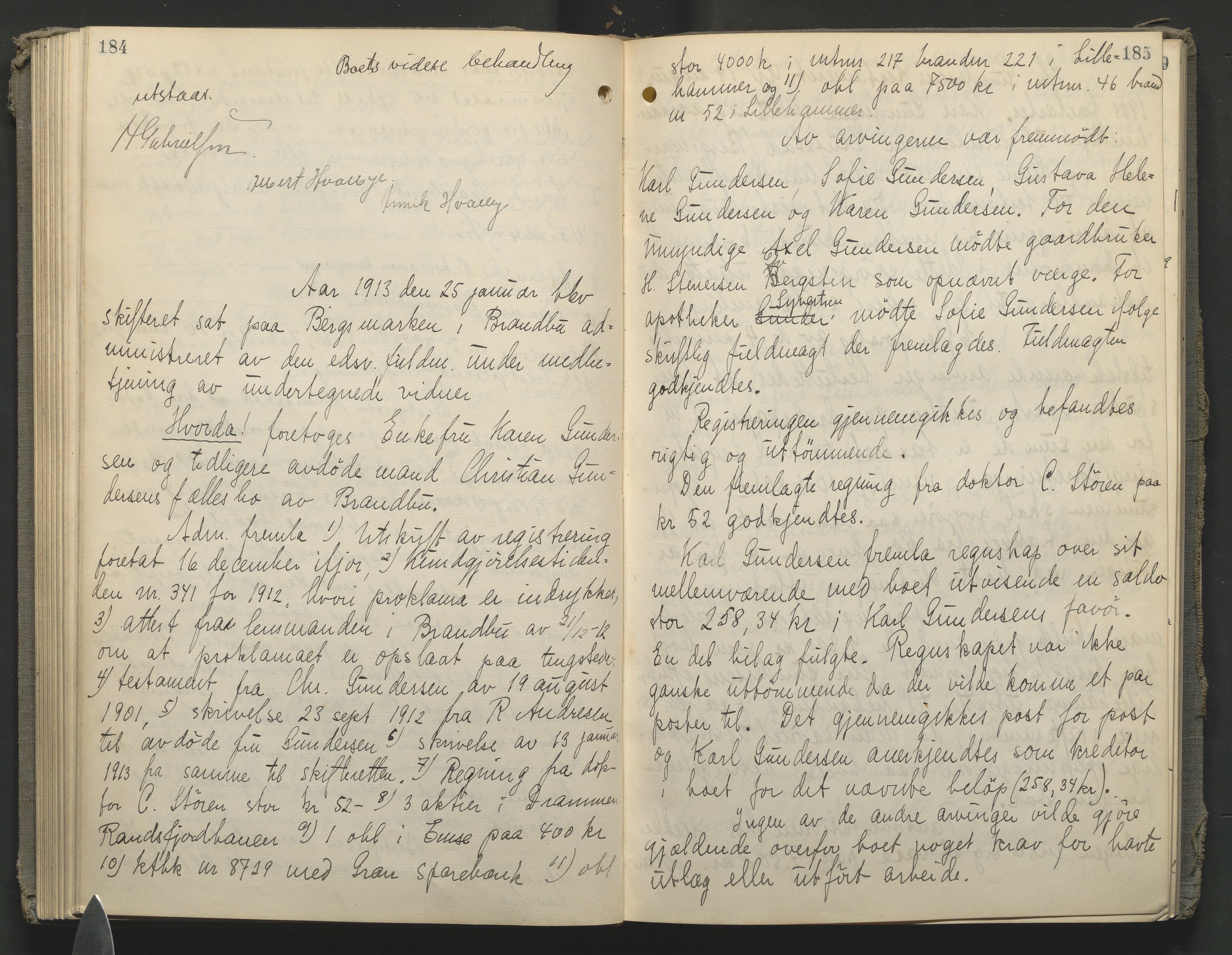 Hadeland og Land tingrett, AV/SAH-TING-010/J/Jc/L0009: Skifteforhandlingsprotokoll, 1910-1914, s. 184-185