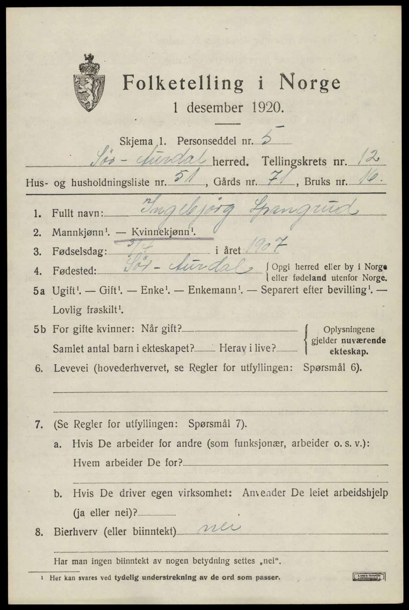 SAH, Folketelling 1920 for 0540 Sør-Aurdal herred, 1920, s. 7453