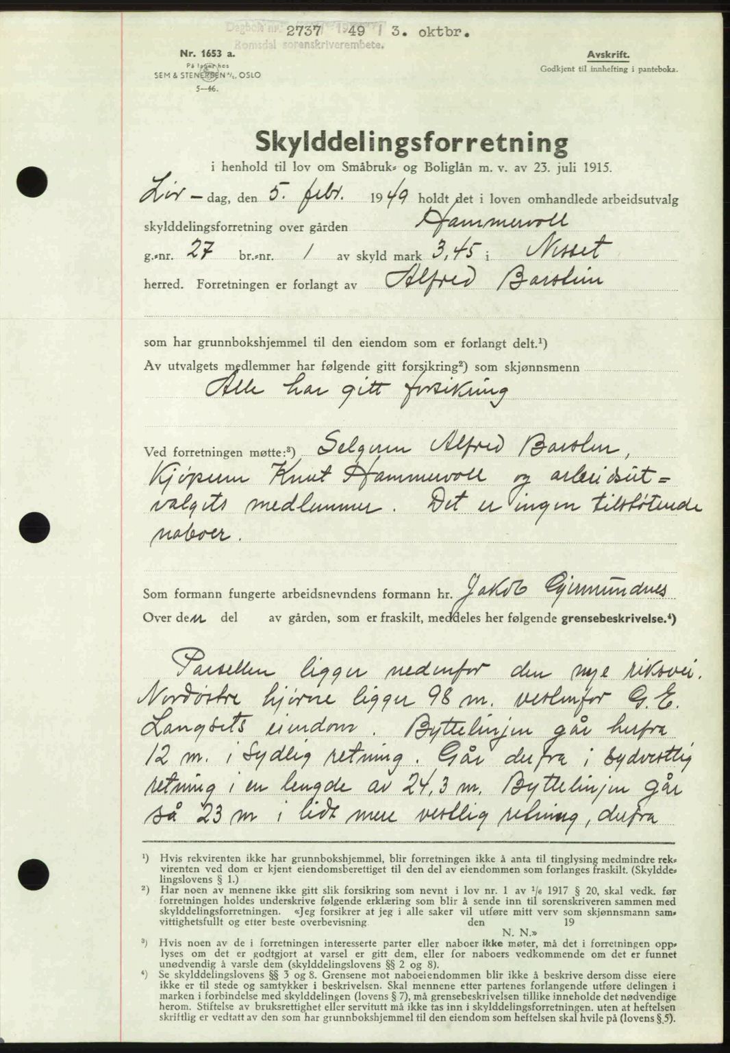 Romsdal sorenskriveri, SAT/A-4149/1/2/2C: Pantebok nr. A31, 1949-1949, Dagboknr: 2737/1949