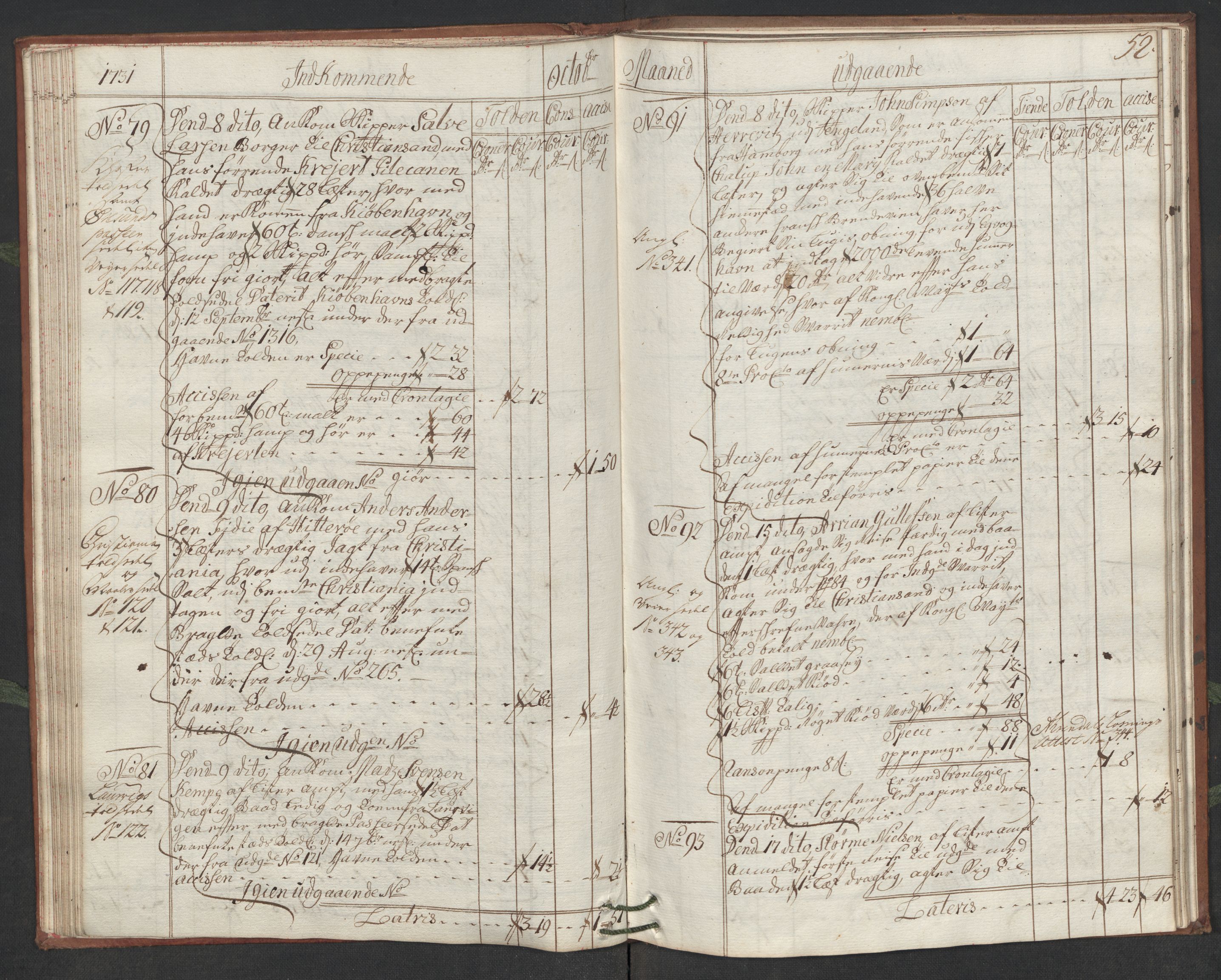 Generaltollkammeret, tollregnskaper, AV/RA-EA-5490/R19/L0006/0001: Tollregnskaper Flekkefjord / Hovedtollbok, 1731, s. 51b-52a