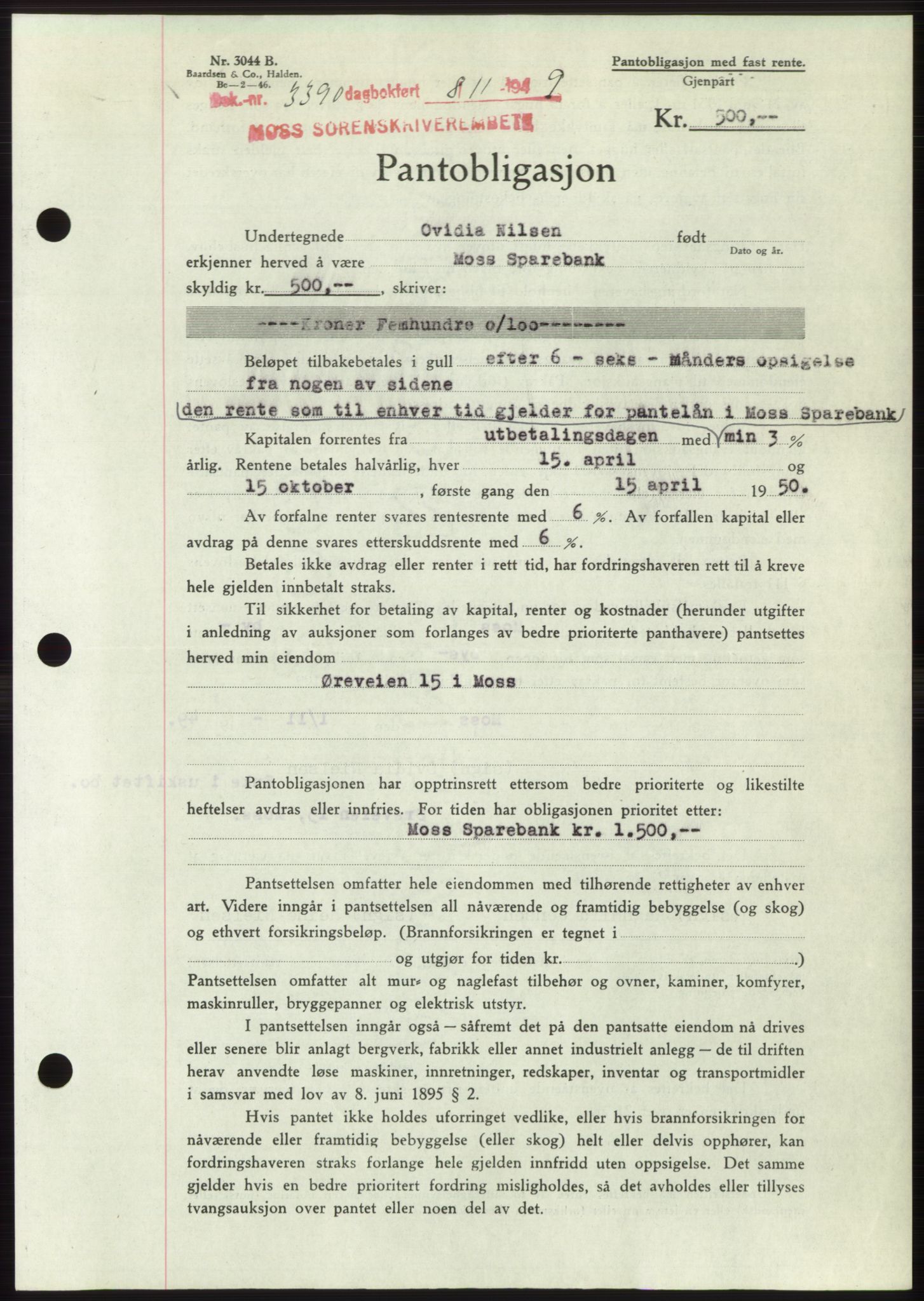 Moss sorenskriveri, SAO/A-10168: Pantebok nr. B23, 1949-1950, Dagboknr: 3390/1949