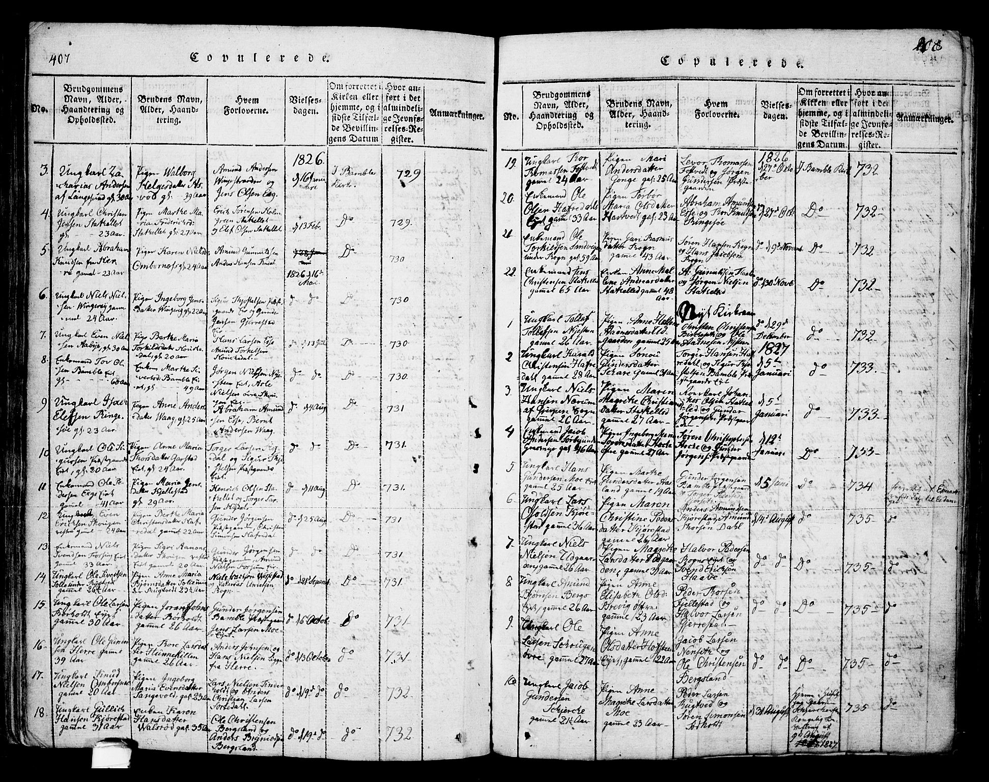Bamble kirkebøker, AV/SAKO-A-253/F/Fa/L0003: Ministerialbok nr. I 3 /1, 1814-1834, s. 407-408
