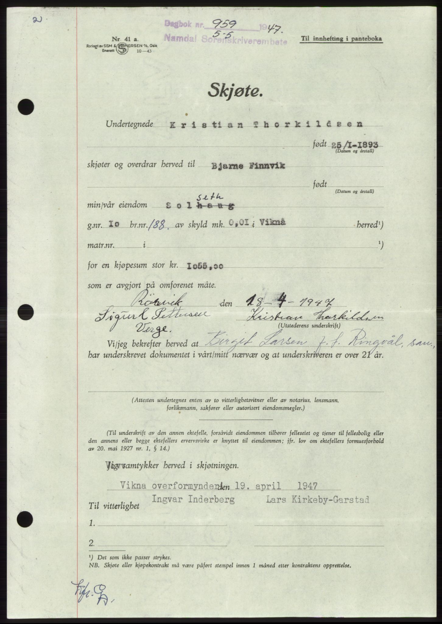 Namdal sorenskriveri, SAT/A-4133/1/2/2C: Pantebok nr. -, 1947-1947, Dagboknr: 959/1947
