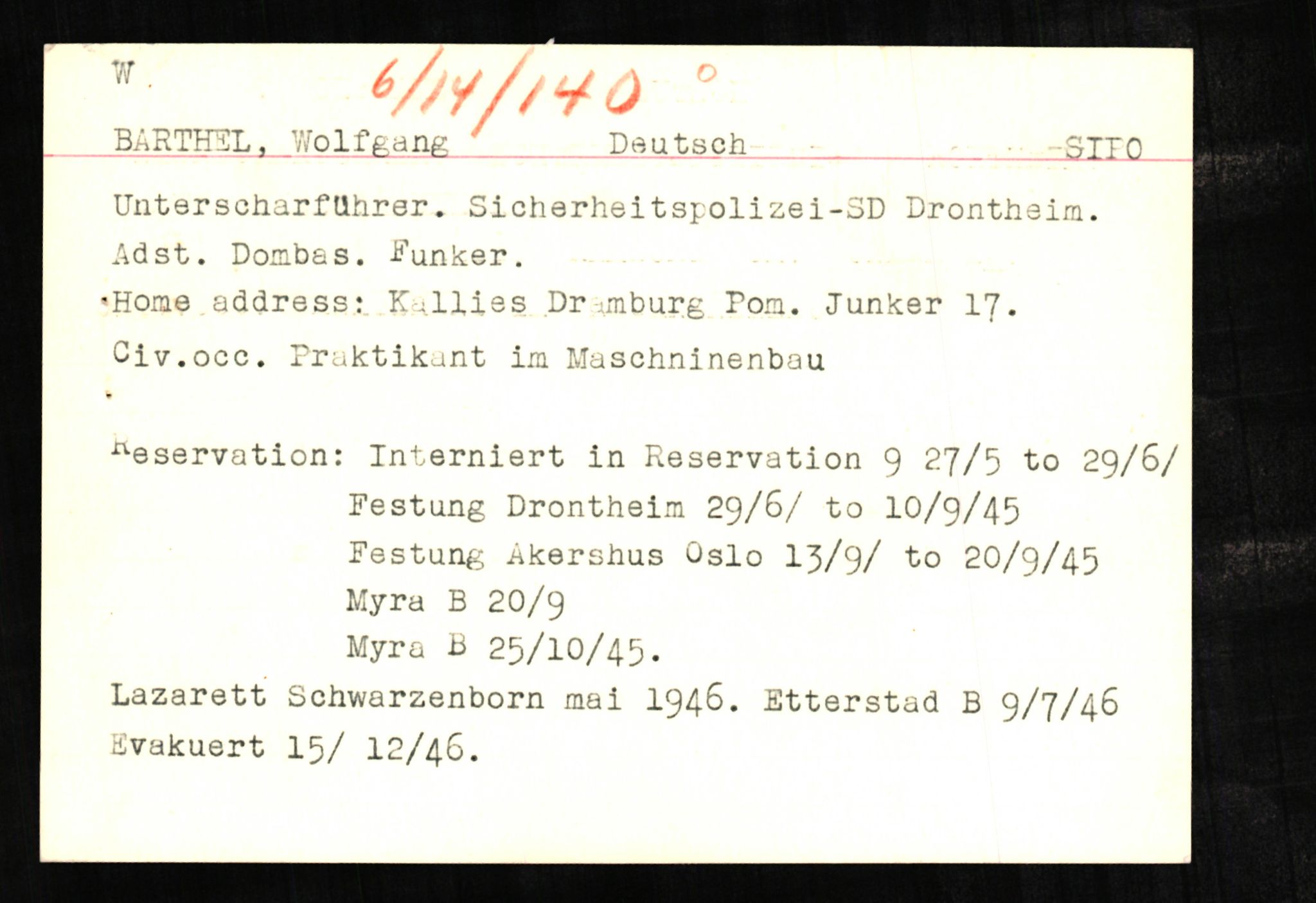 Forsvaret, Forsvarets overkommando II, AV/RA-RAFA-3915/D/Db/L0002: CI Questionaires. Tyske okkupasjonsstyrker i Norge. Tyskere., 1945-1946, s. 149