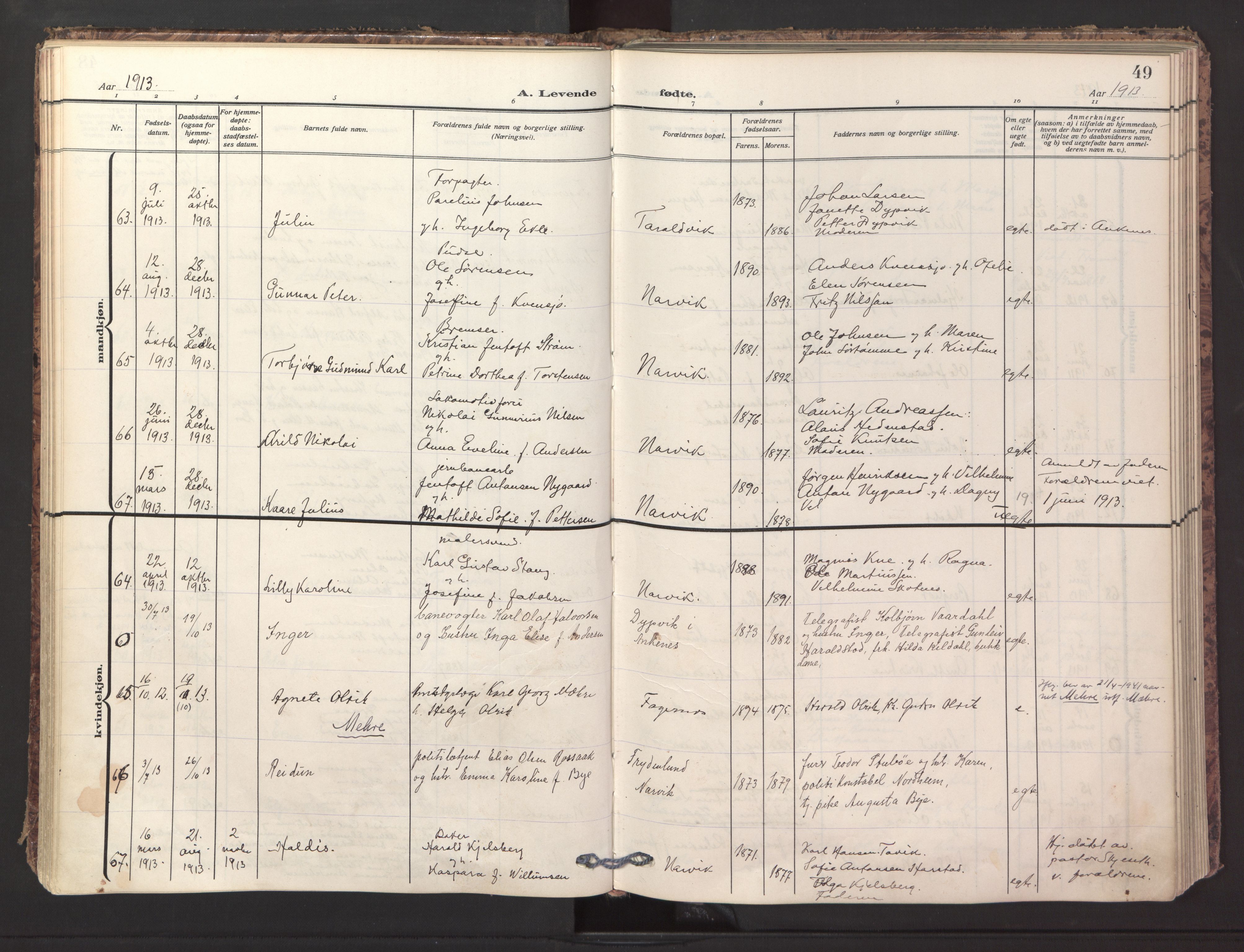 Ministerialprotokoller, klokkerbøker og fødselsregistre - Nordland, AV/SAT-A-1459/871/L1001: Ministerialbok nr. 871A17, 1911-1921, s. 49