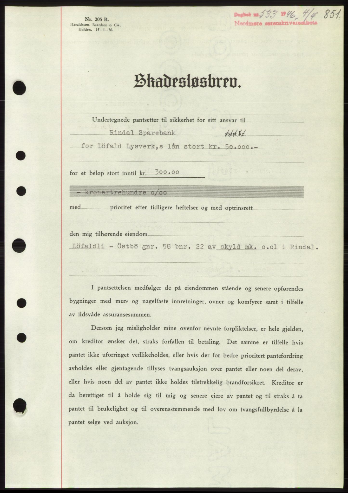 Nordmøre sorenskriveri, SAT/A-4132/1/2/2Ca: Pantebok nr. B93b, 1946-1946, Dagboknr: 533/1946