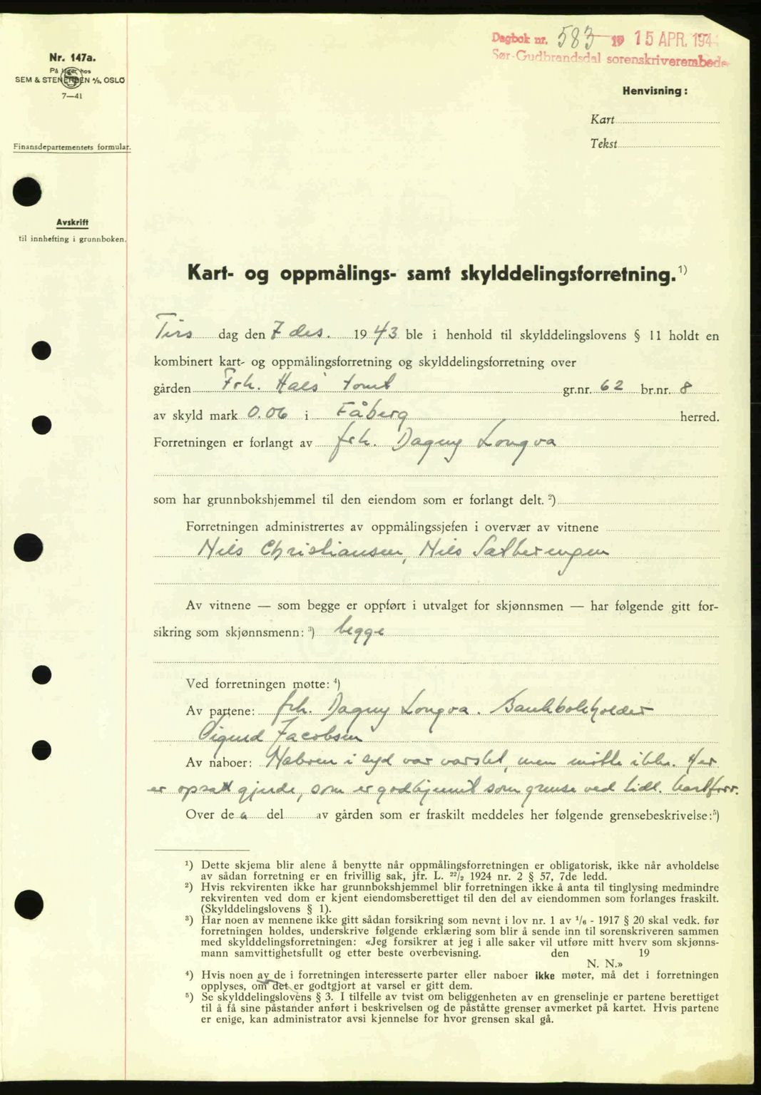 Sør-Gudbrandsdal tingrett, SAH/TING-004/H/Hb/Hbd/L0013: Pantebok nr. A13, 1944-1944, Dagboknr: 583/1944