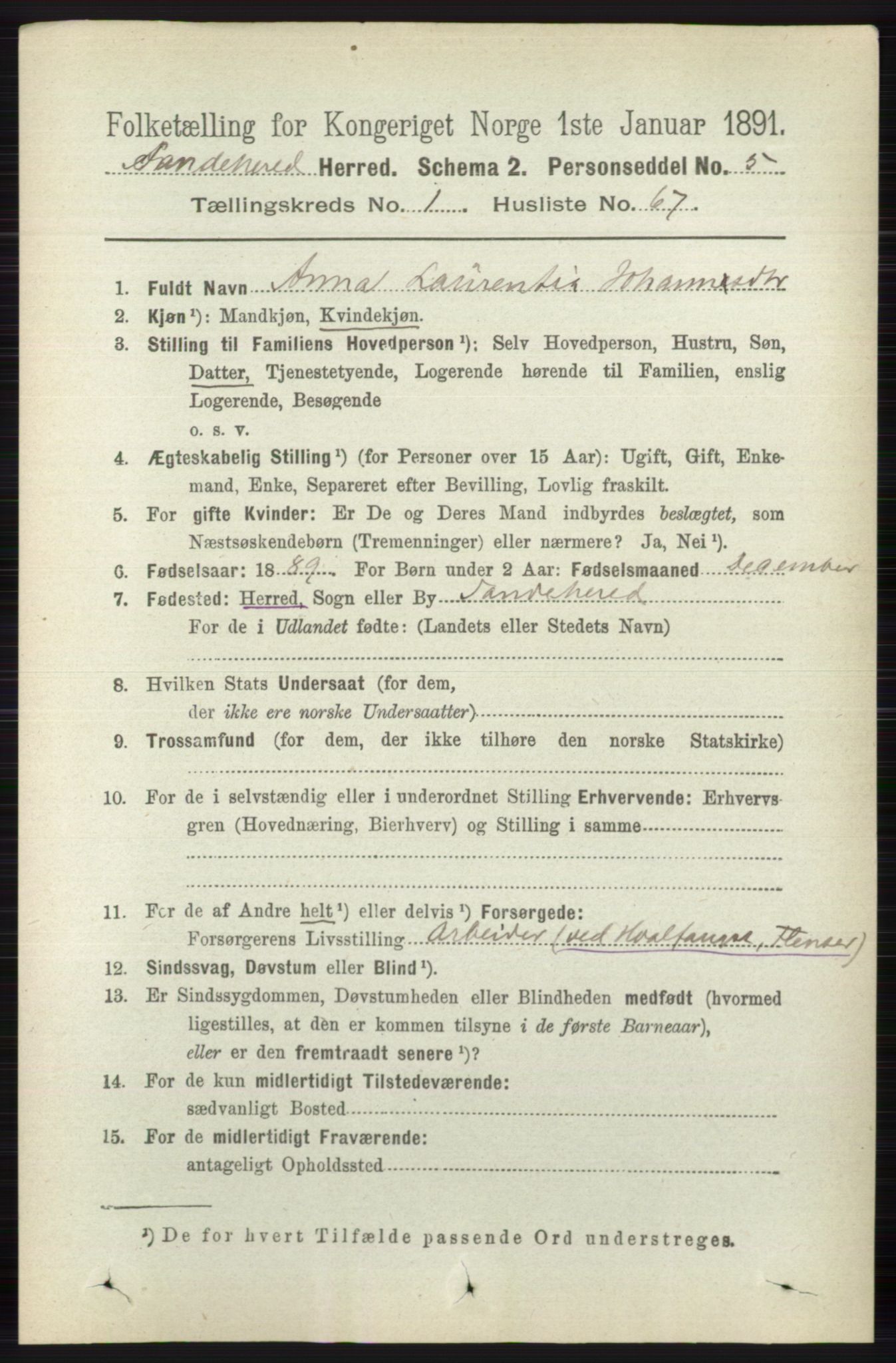 RA, Folketelling 1891 for 0724 Sandeherred herred, 1891, s. 605