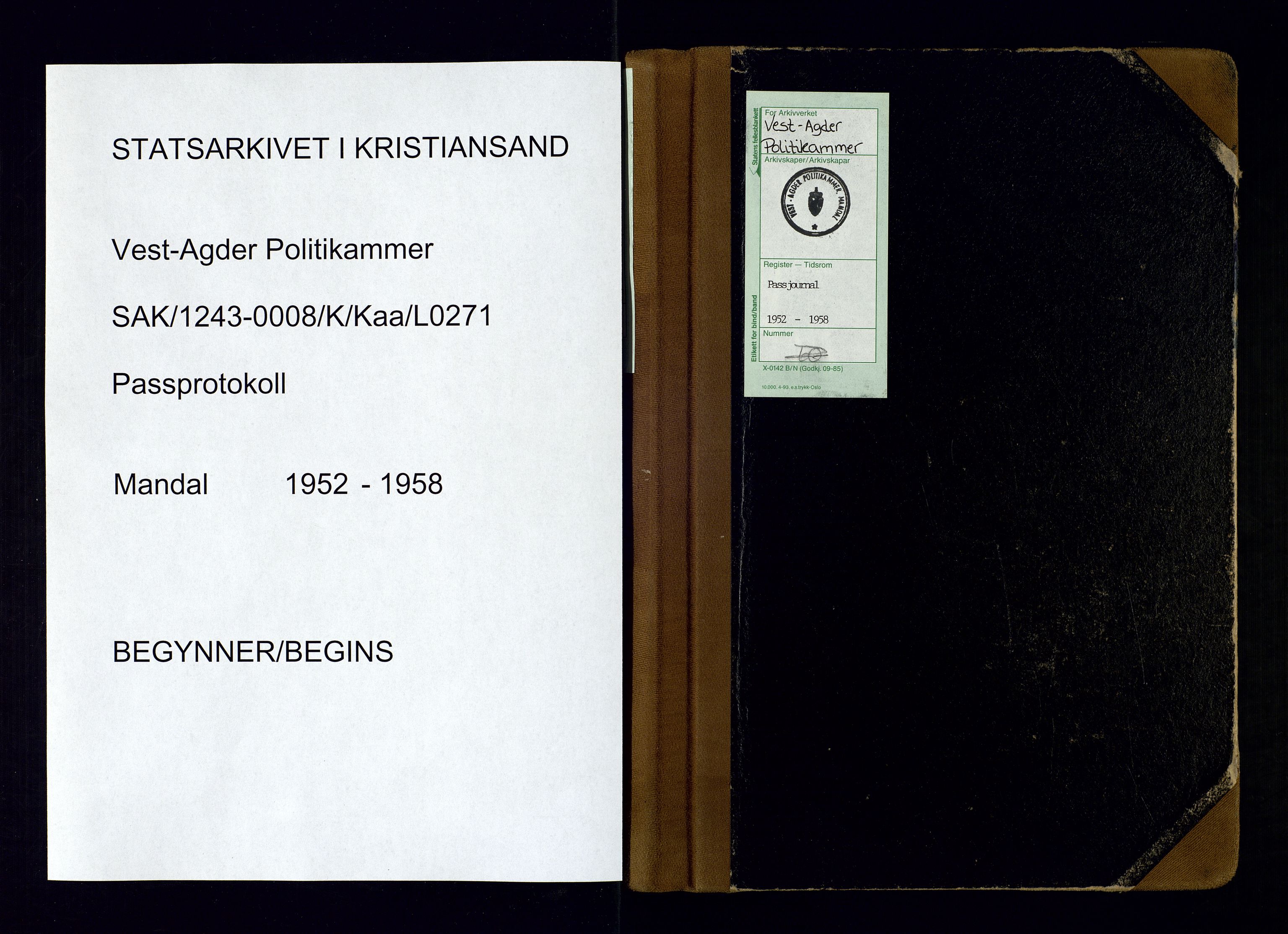 Vest-Agder politikammer, SAK/1243-0008/K/Kaa/L0271: Passjournal, 1952-1958