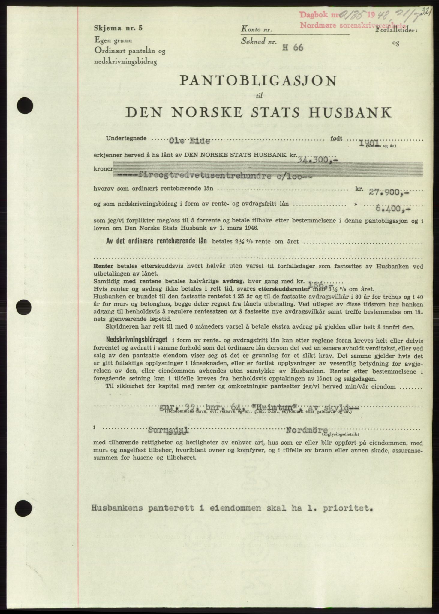 Nordmøre sorenskriveri, SAT/A-4132/1/2/2Ca: Pantebok nr. B99, 1948-1948, Dagboknr: 2135/1948