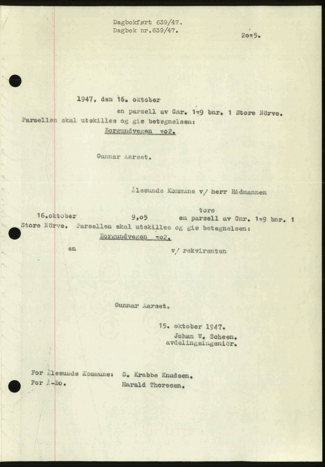 Ålesund byfogd, AV/SAT-A-4384: Pantebok nr. 37A (1), 1947-1949, Dagboknr: 639/1947