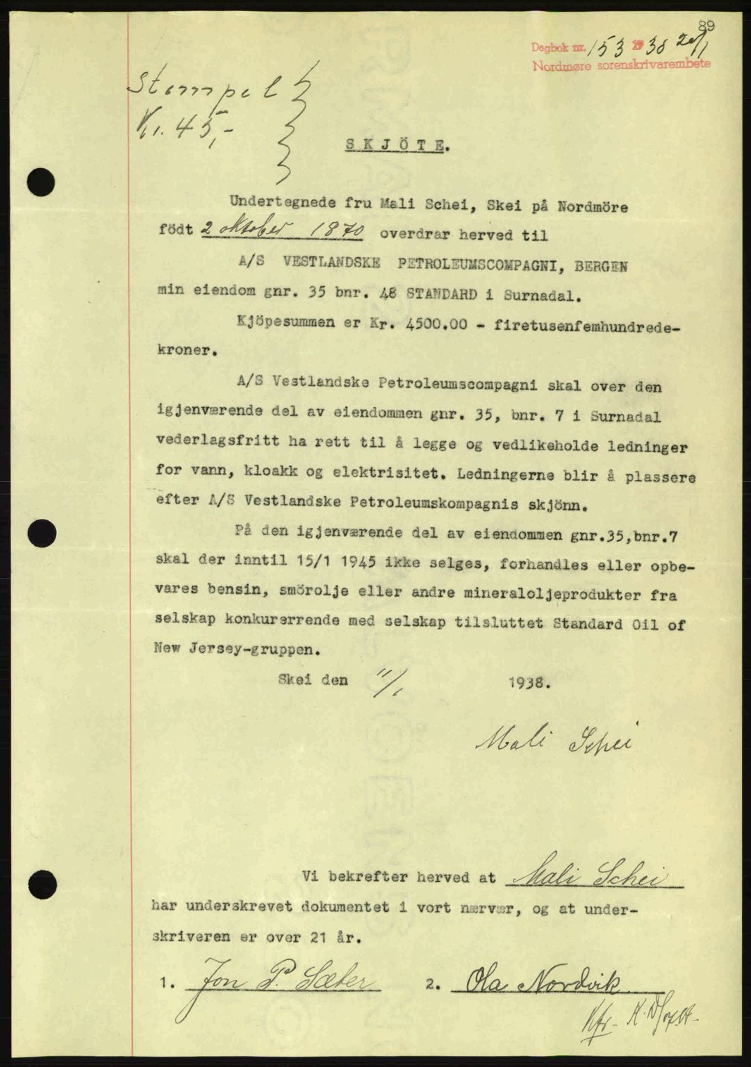 Nordmøre sorenskriveri, SAT/A-4132/1/2/2Ca: Pantebok nr. A83, 1938-1938, Dagboknr: 153/1938